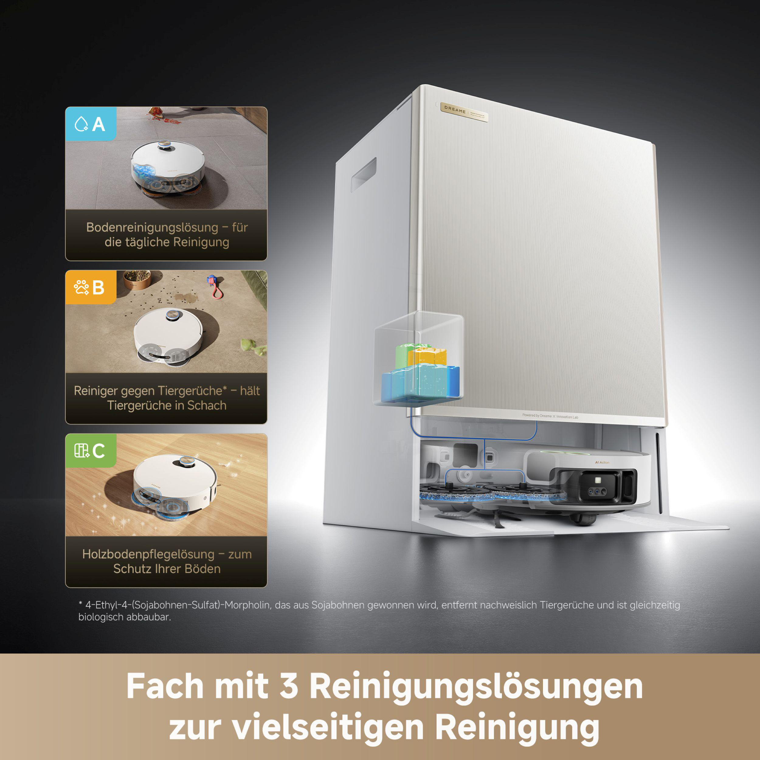 Das Bild zeigt eine Reinigungsmaschine mit drei Reinigungslösungen. Es stammt von Dreame X Innovation Lab.