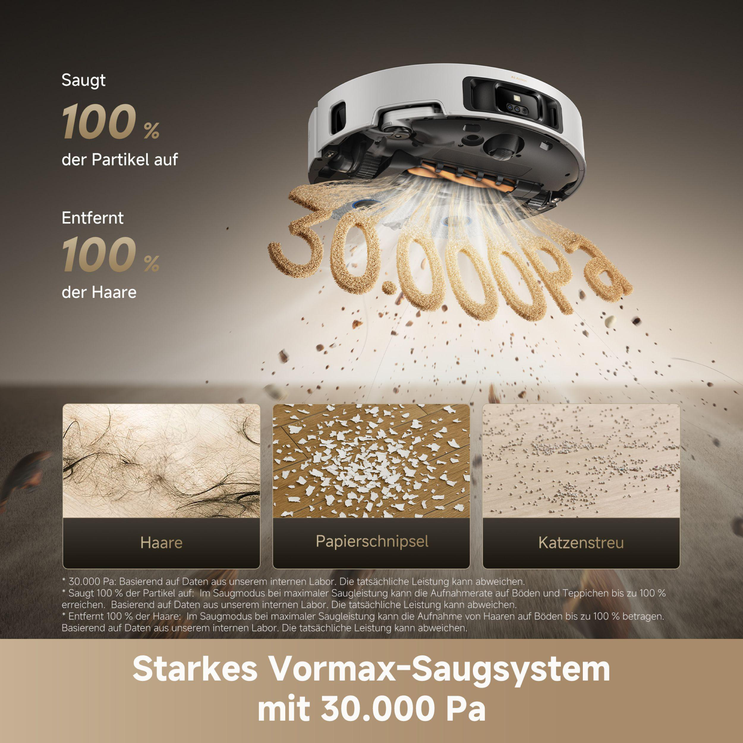 Werbung zeigt einen weißen Roboter-Staubsauger. Das Bild zeigt, wie er reinigt, mit Text auf Deutsch.