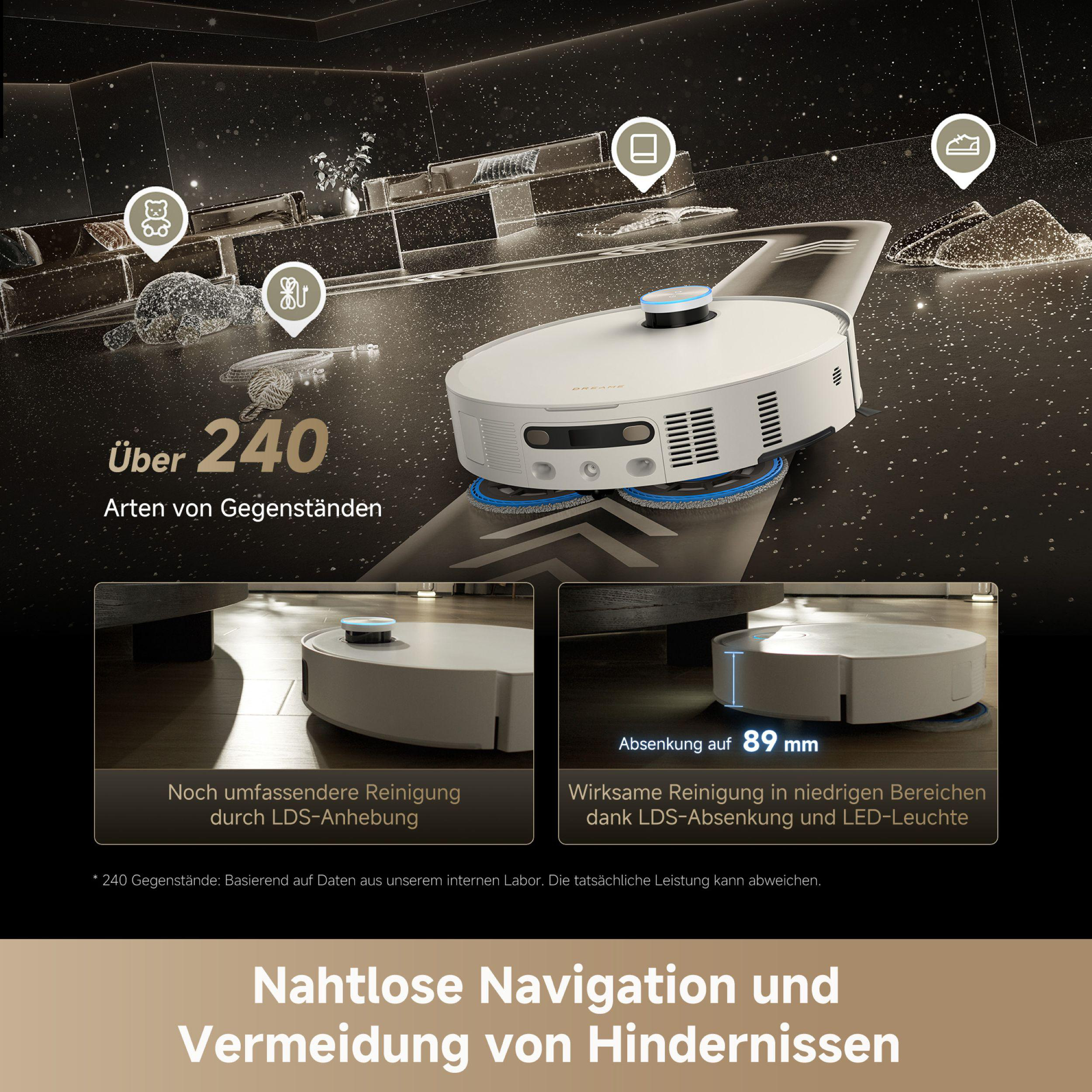 Ein weißer Roboter-Staubsauger auf einem Boden. Text hebt Funktionen hervor: Hindernisvermeidung, Niedrigflächenreinigung und über 240 Objekte.