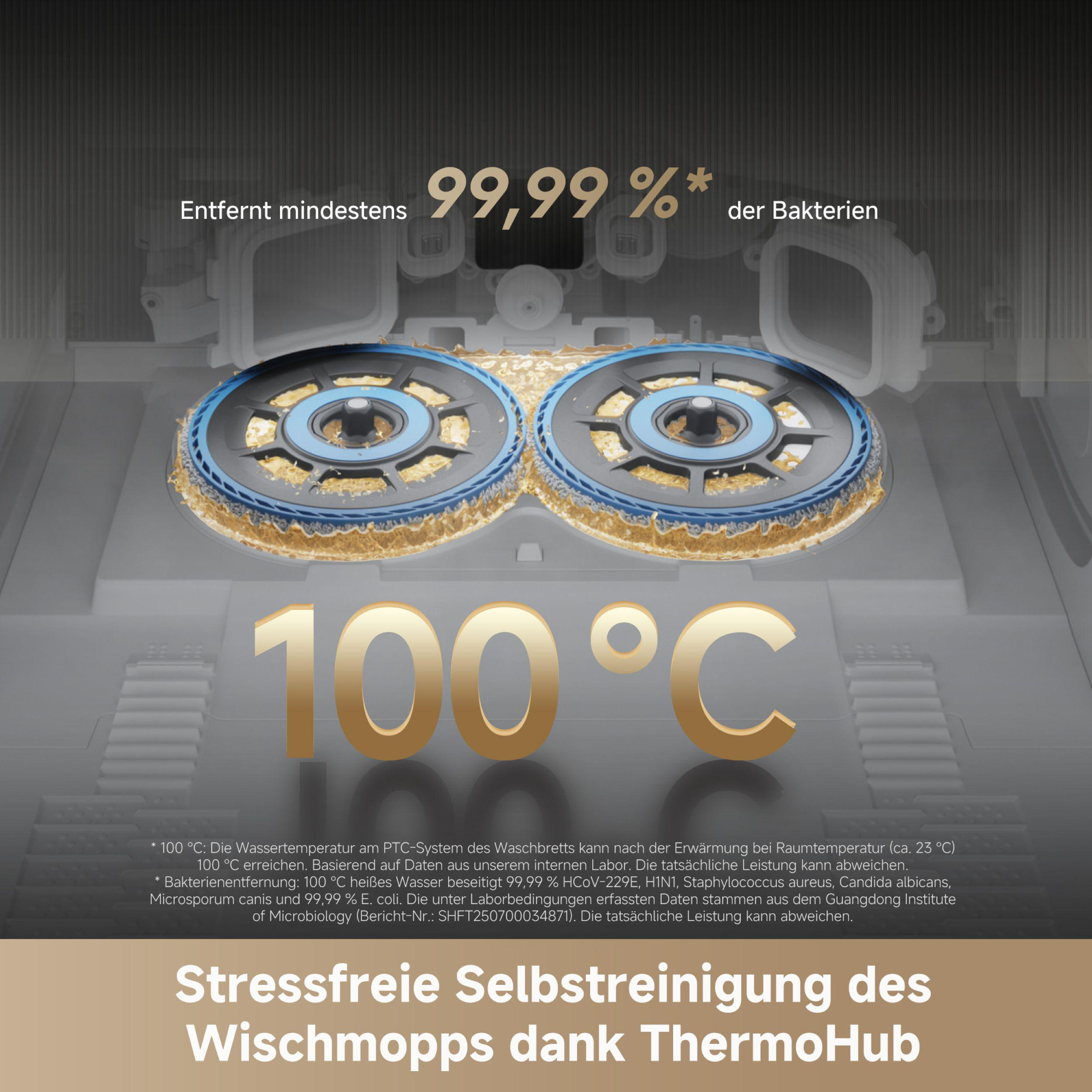 Das Bild zeigt ein Reinigungsgerät mit blauen und goldenen Elementen, mit Text, der Bakterienentfernung und 100°C Hitze angibt.