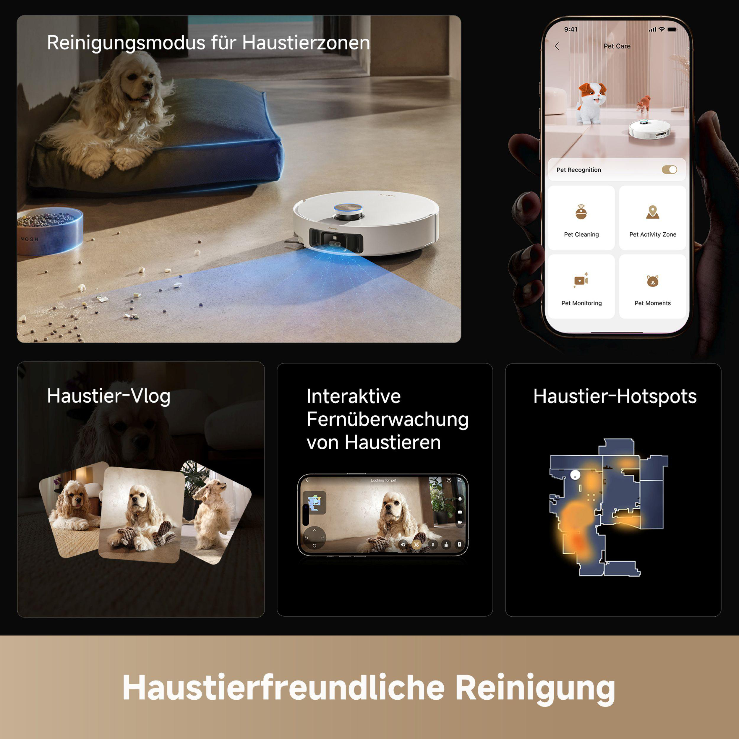 Das Bild zeigt einen Hund auf einem blauen Kissen, einen Roboterstaubsauger und ein Smartphone mit Haustierpflegefunktionen.