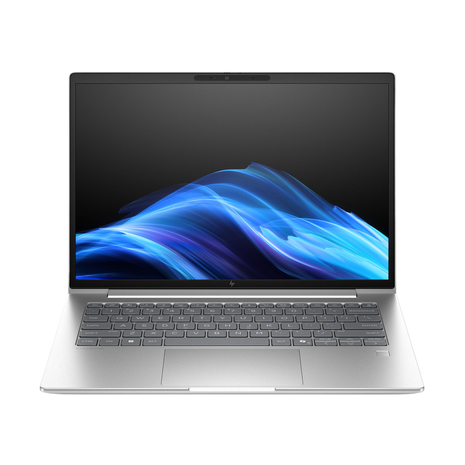 Een zilveren laptop met een zwart scherm met een blauw en wit abstract ontwerp. Toetsenbord is zichtbaar en HP-logo aanwezig.