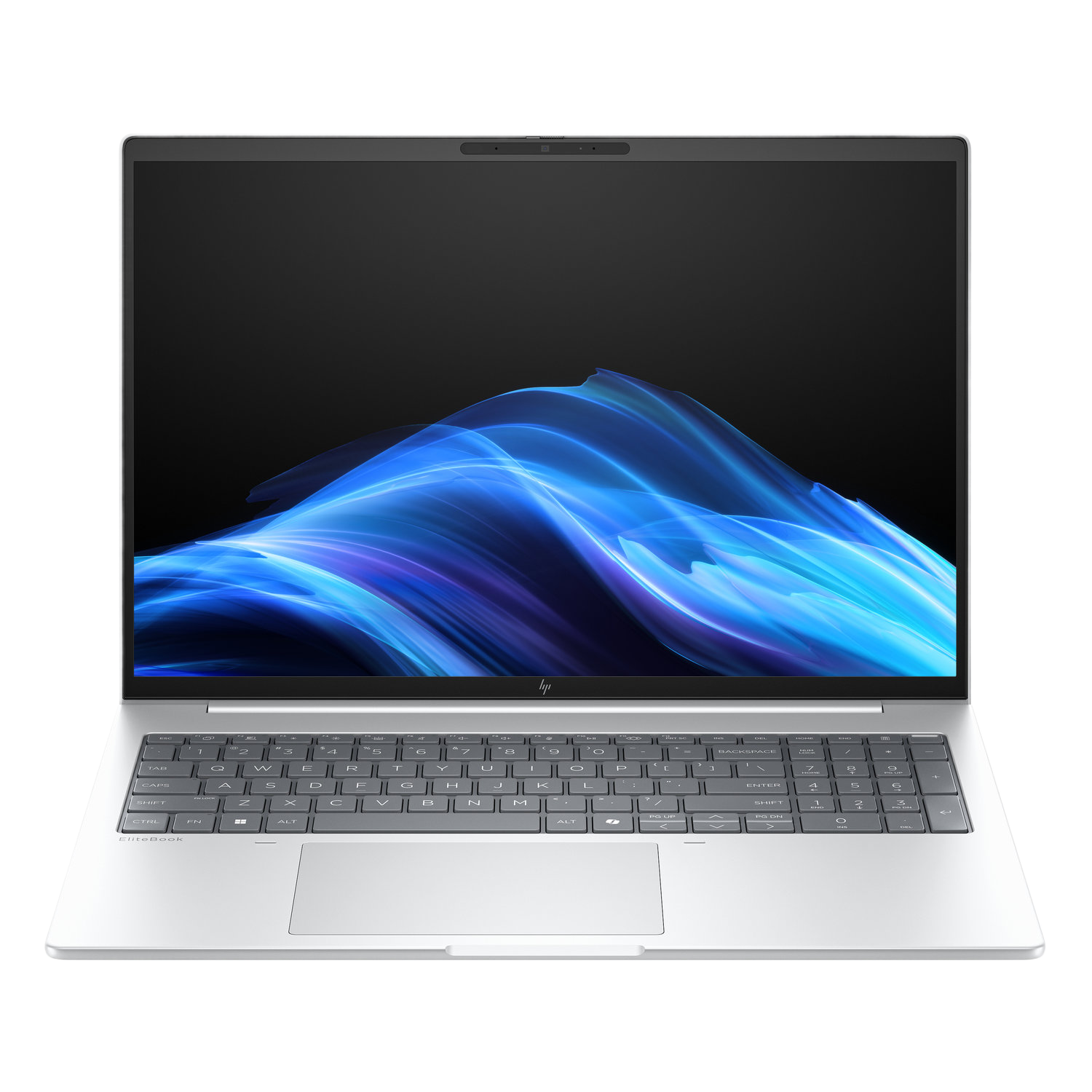Ordinateur portable argenté ouvert sur une surface noire. L'écran affiche de l'art abstrait bleu et blanc. Clavier visible, avec le logo EliteBook.