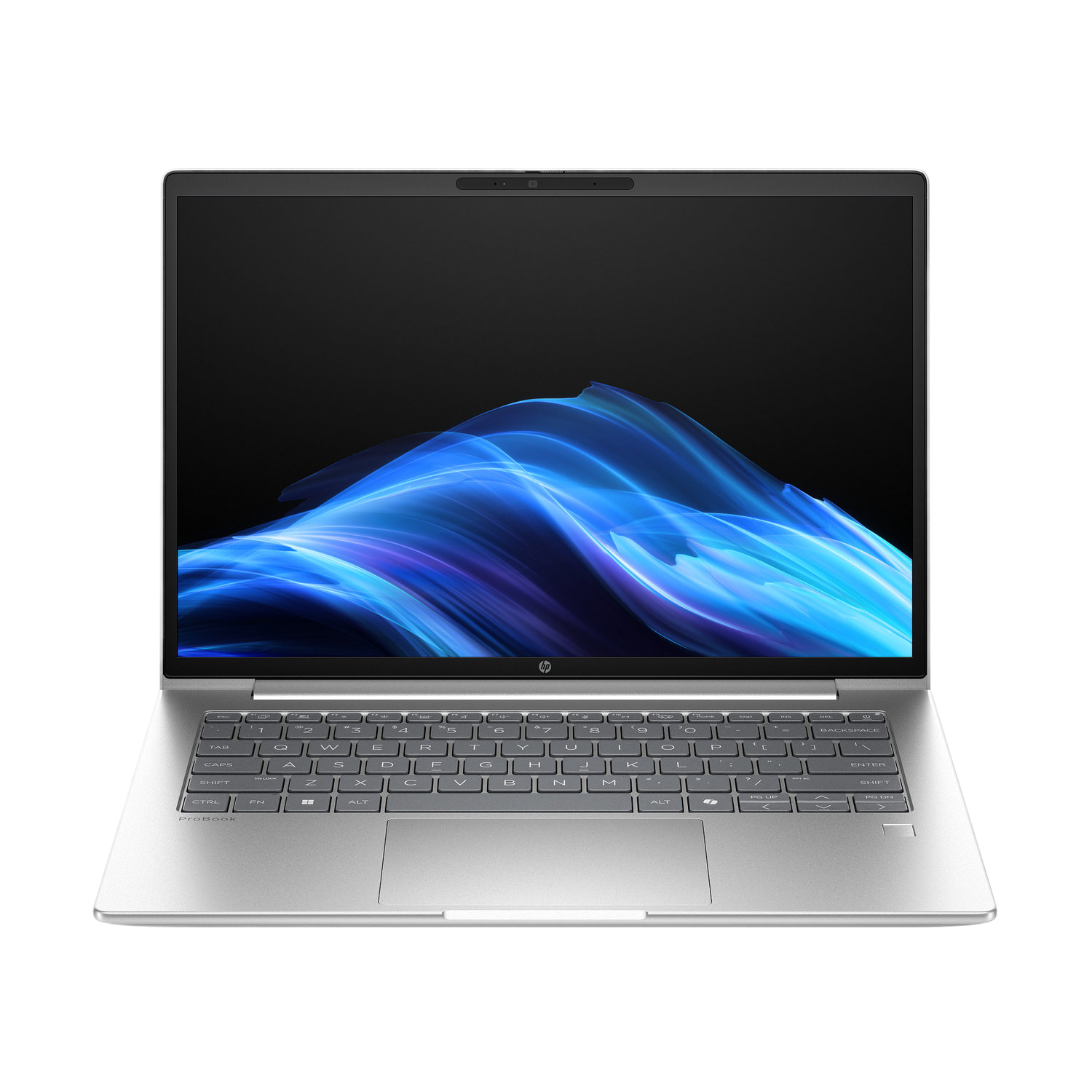 Zilveren laptop met een zwart scherm met blauwe en witte abstracte kunst. Toetsenbord zichtbaar met HP-logo. De achtergrond is zwart.