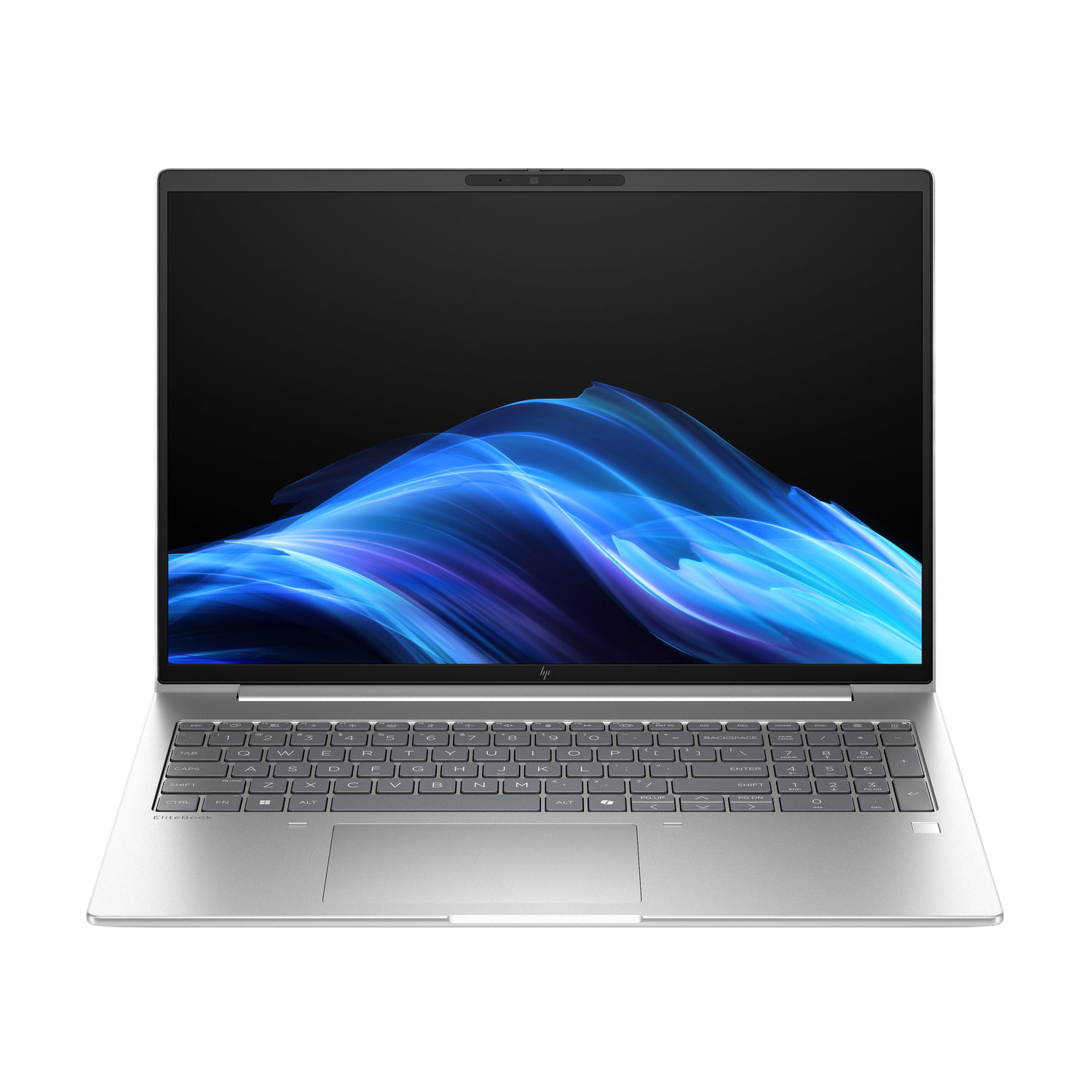 Zilveren laptop op zwarte achtergrond. Scherm toont blauwe abstracte kunst. Toetsenbord zichtbaar, met touchpad eronder en HP-logo bovenaan.