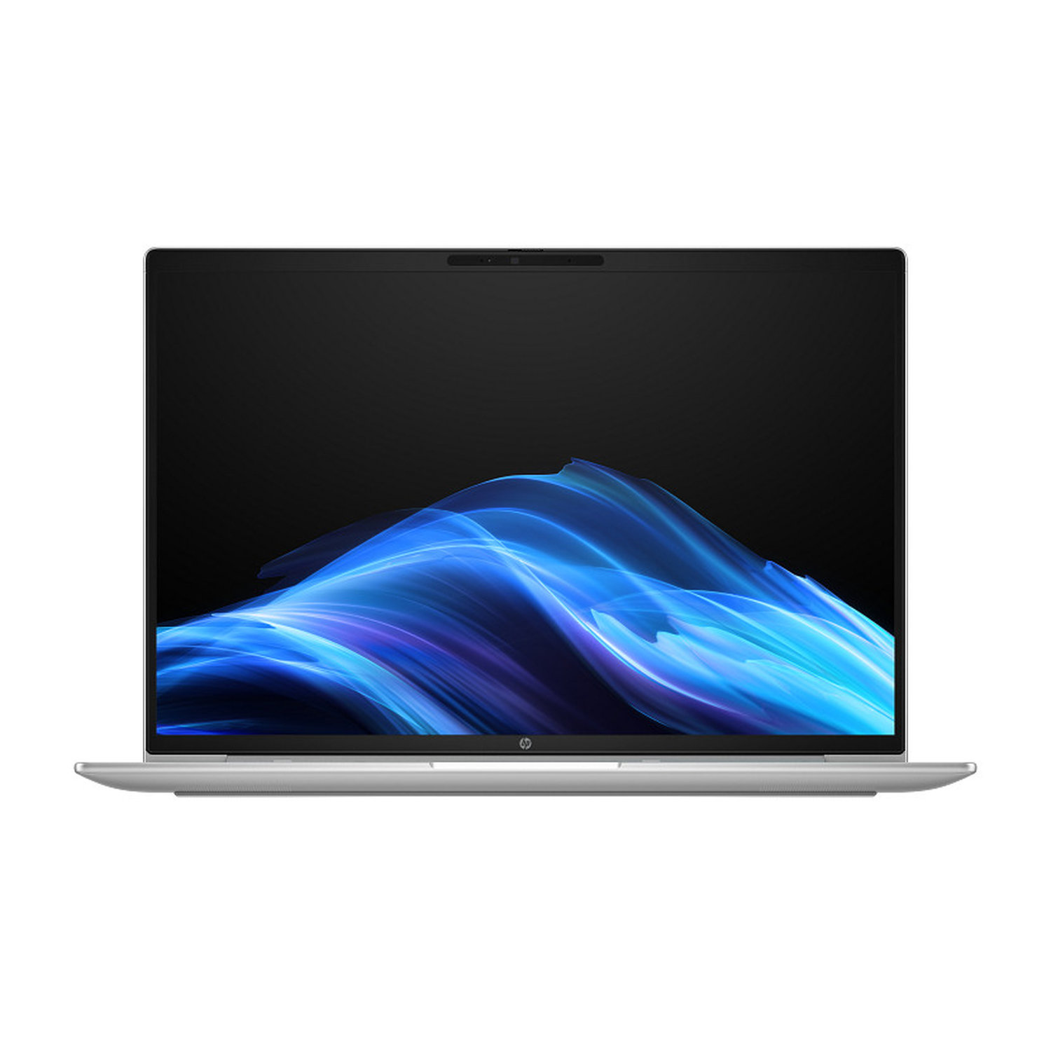 A silver HP laptop on a white background. The screen displays a blue and black abstract design. A camera is above the screen.