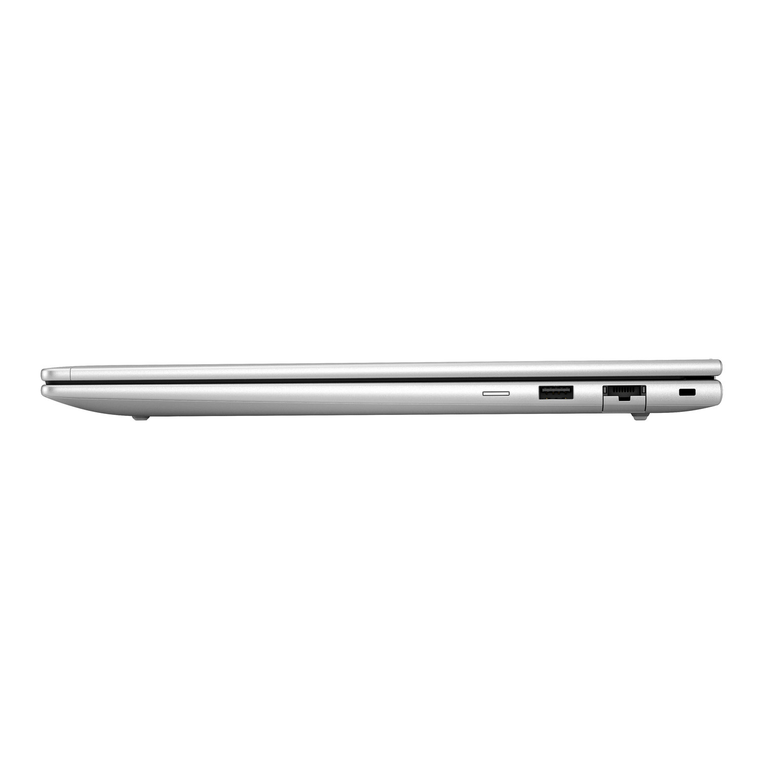 A side view of a silver laptop. Visible are ports, including USB, and a power input. The laptop is closed.