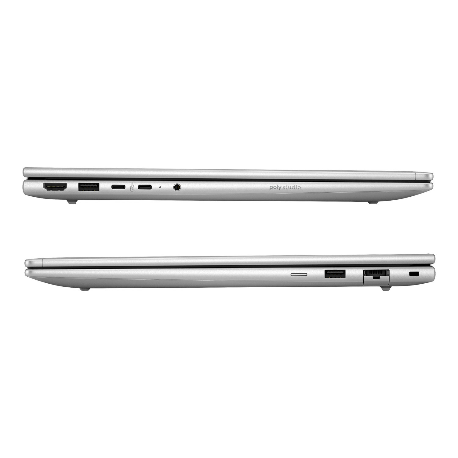 Two silver laptops, side view, stacked. The top laptop has ports labeled 'poly studio'. Background is plain white.