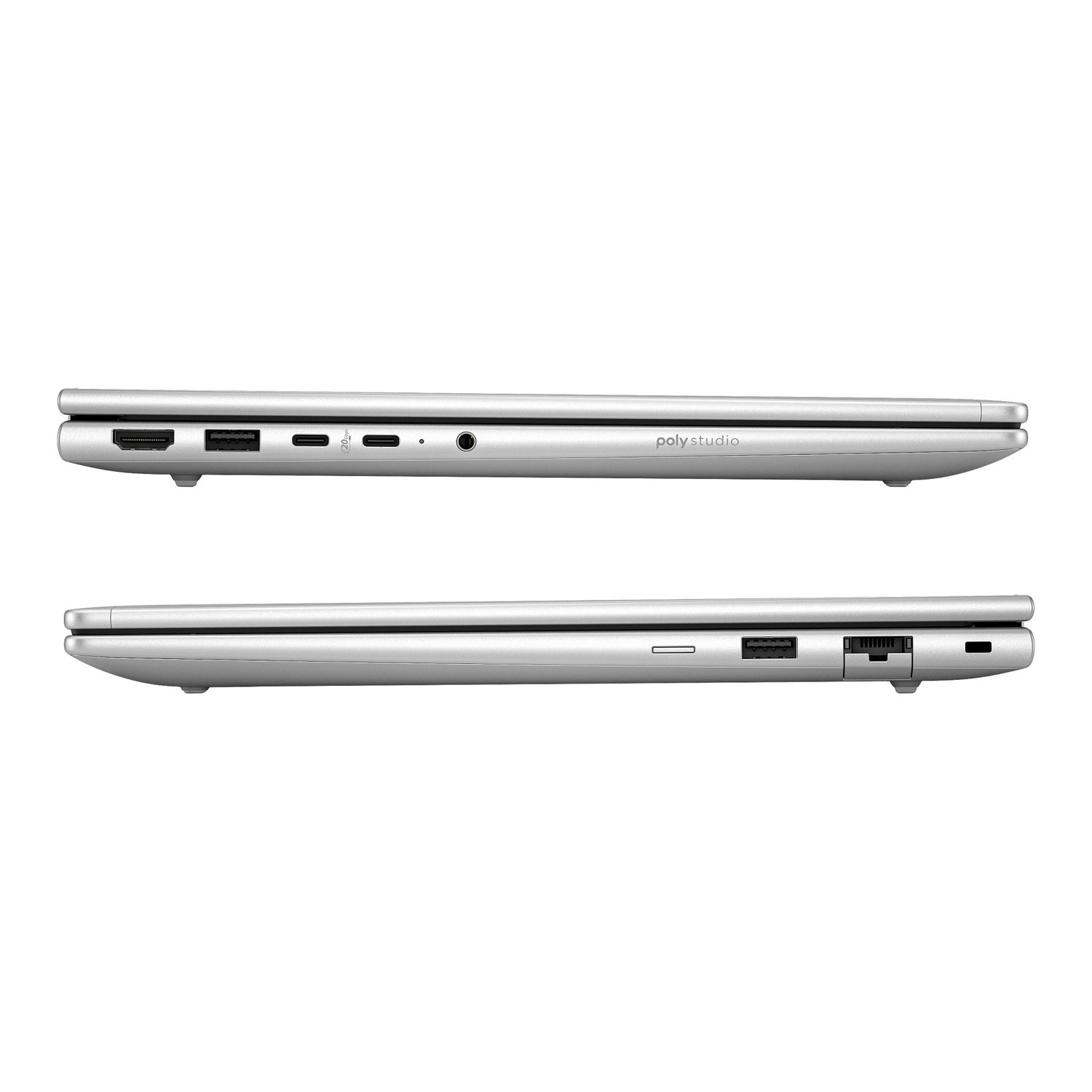 Twee zilveren laptops, zijaanzicht. Bovenste heeft poorten en logo, onderste ook. Witte achtergrond.