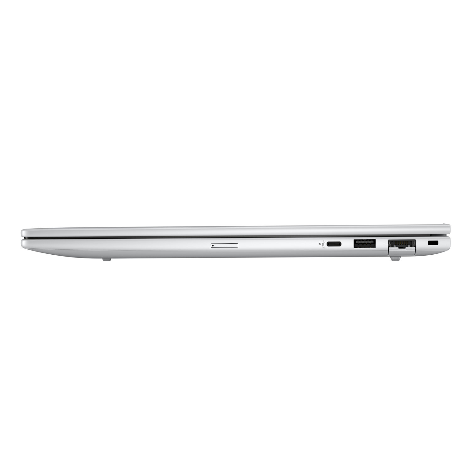 Side view of a silver laptop. Visible are ports for USB, SD card, and others. The background is plain white.