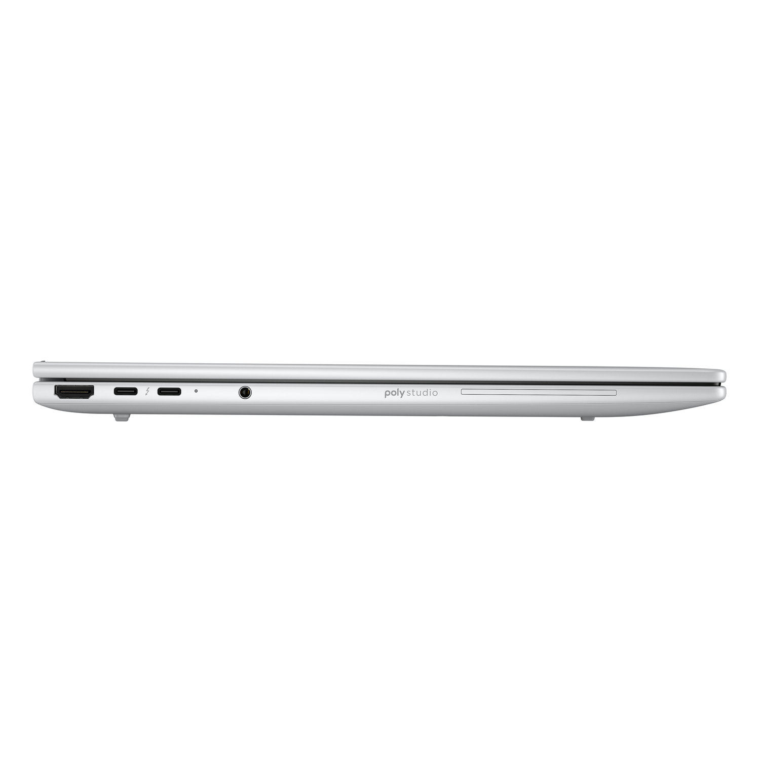 A silver laptop, side view, showing ports, the words 'poly studio', and a slim design, set against a white background.