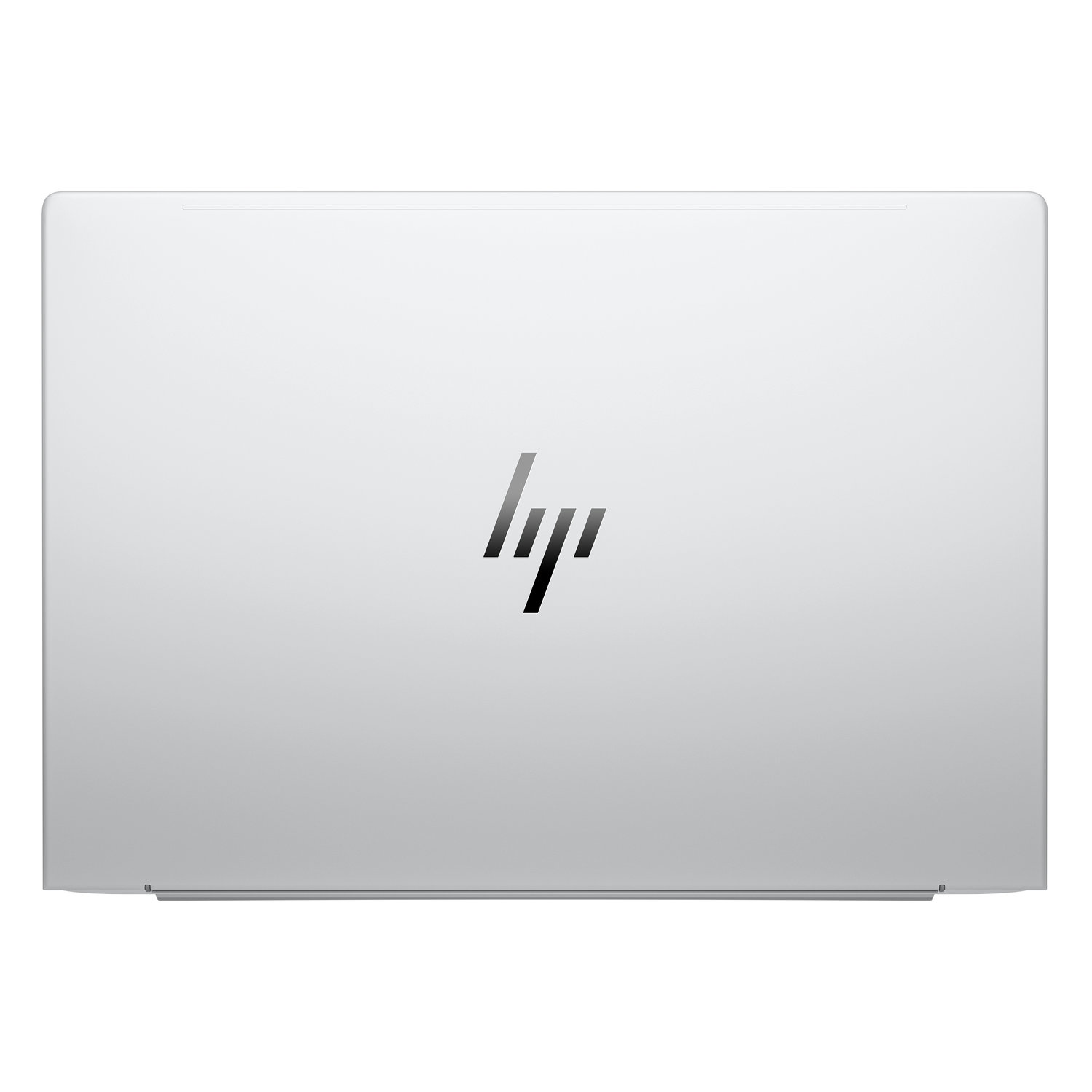 A closed silver laptop with the HP logo on it, the laptop is on a white background.