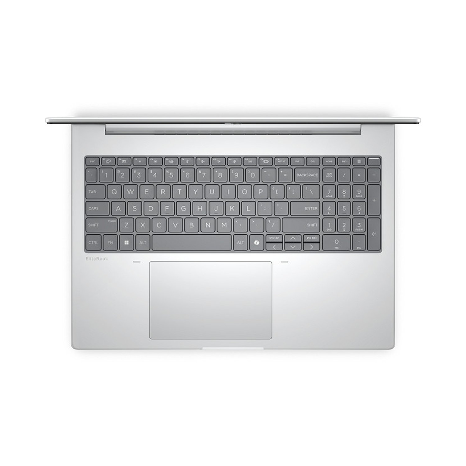 Top view of a silver laptop. Keyboard is visible. The trackpad is below the keyboard. The laptop is on a white surface.