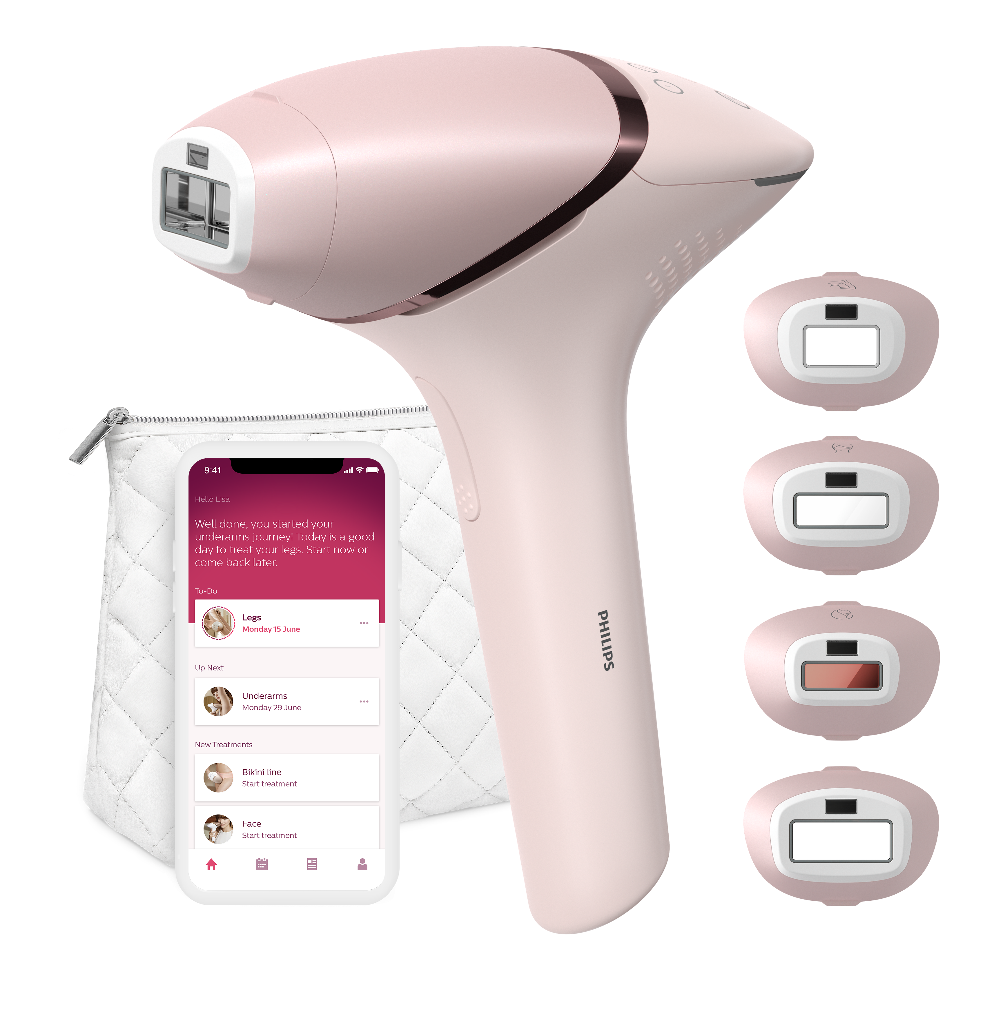 Un épilateur rose Philips, un téléphone avec une application, une pochette blanche et quatre têtes supplémentaires sont visibles.