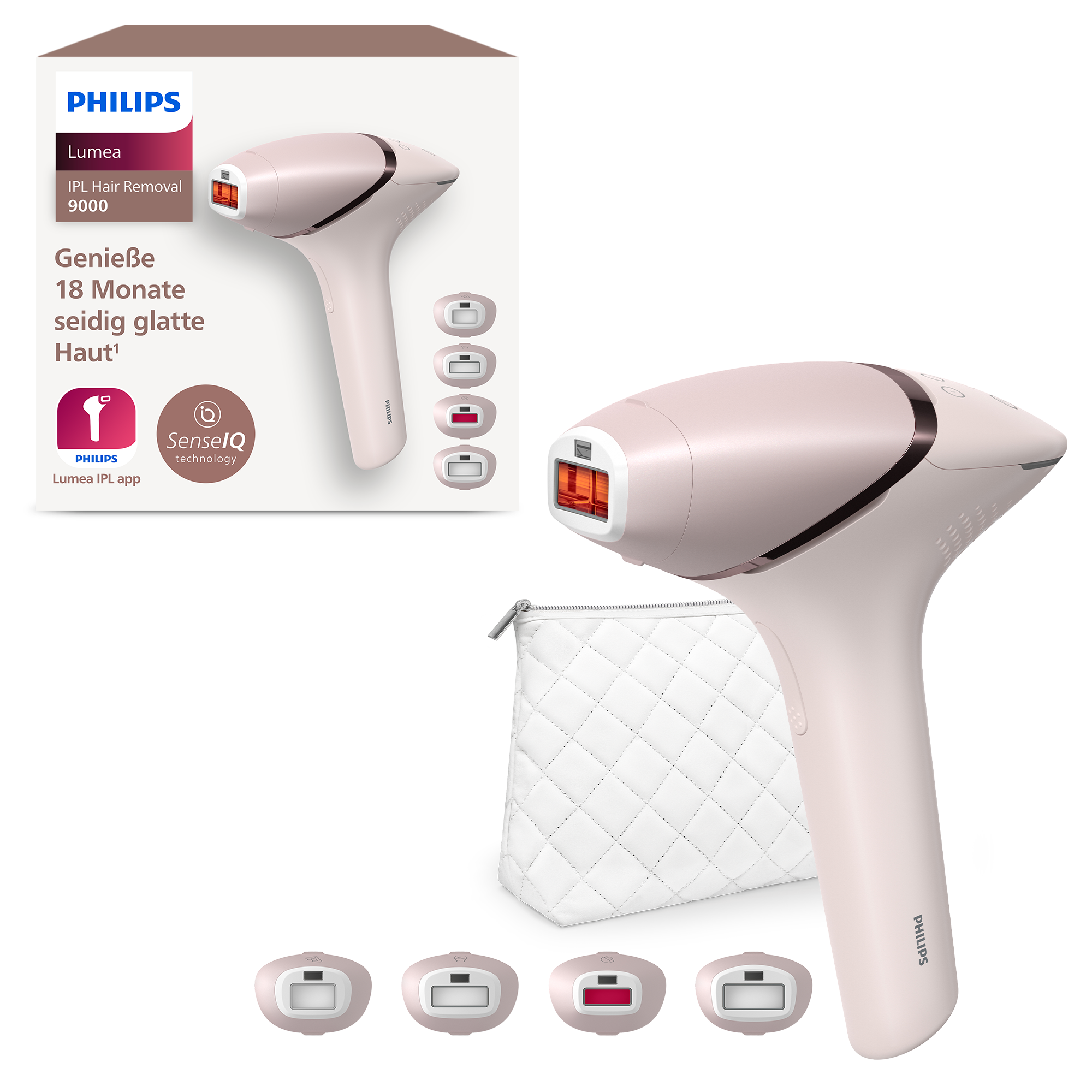 Épilateur IPL Philips Lumea, un sac blanc et quatre têtes. La boîte montre l'appareil et du texte en allemand.