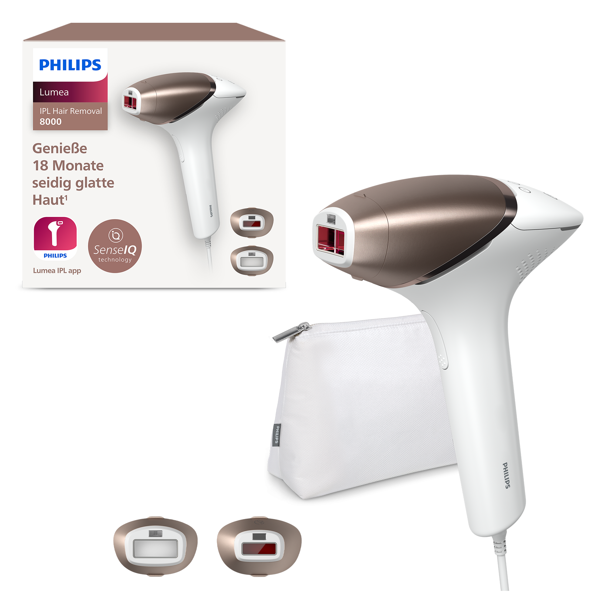 Appareil d'épilation IPL Philips Lumea, blanc et bronze, avec accessoires, sur fond blanc.