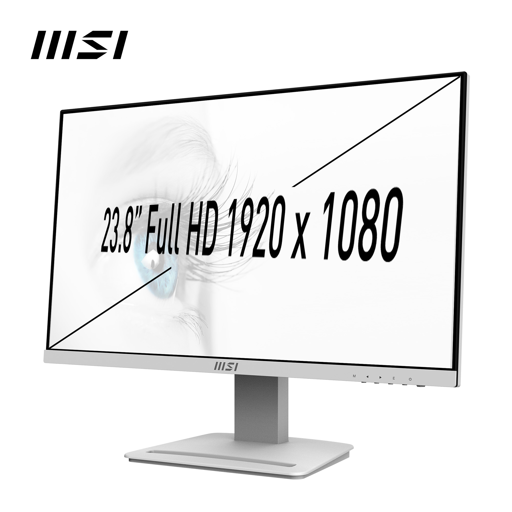 Un monitor MSI bianco mostra il testo: 23,8" Full HD 1920 x 1080. Lo schermo ha una cornice nera. C'è un supporto grigio.