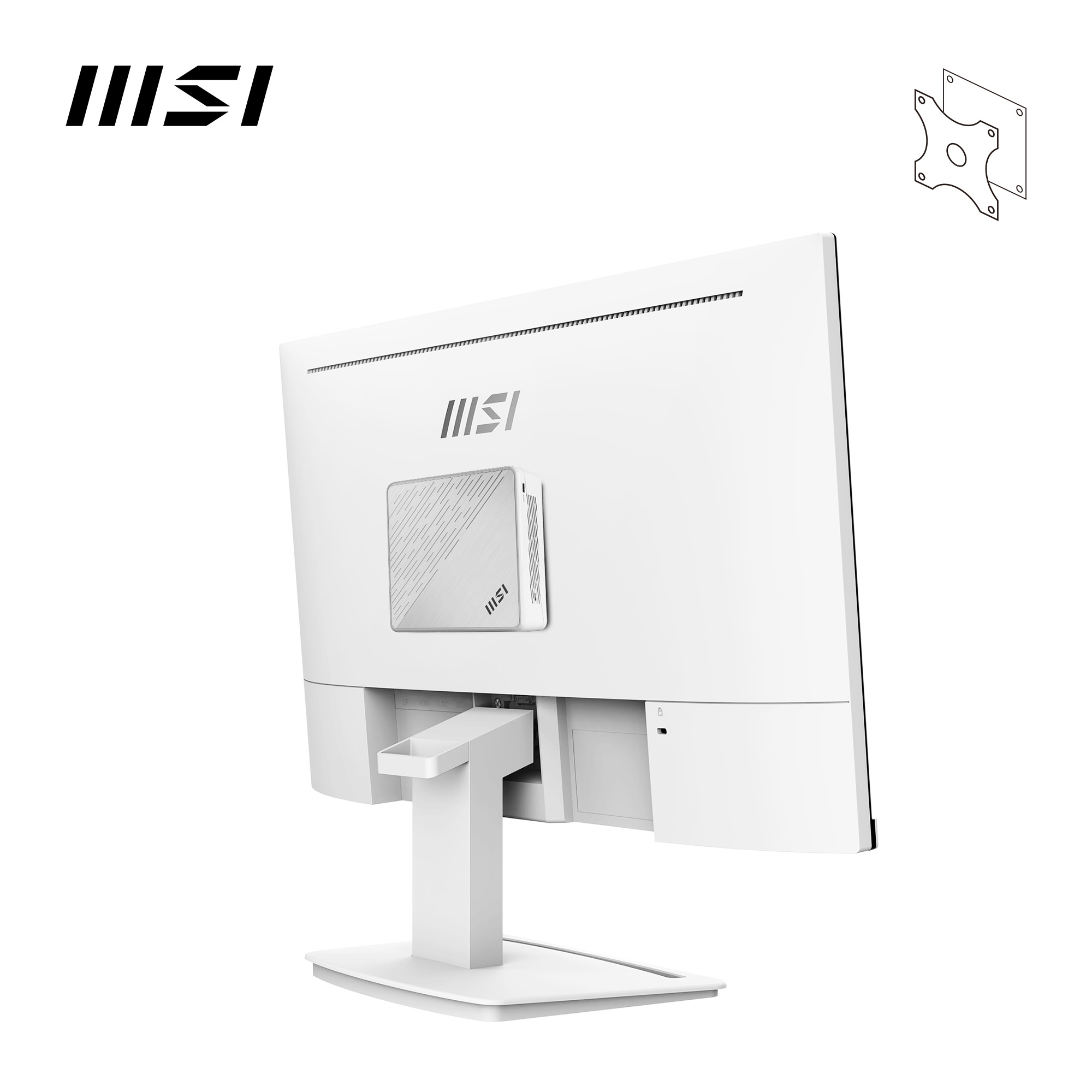 Un monitor MSI bianco, visto da dietro, con supporto. Viene mostrata una staffa separata. Il logo MSI è visualizzato.