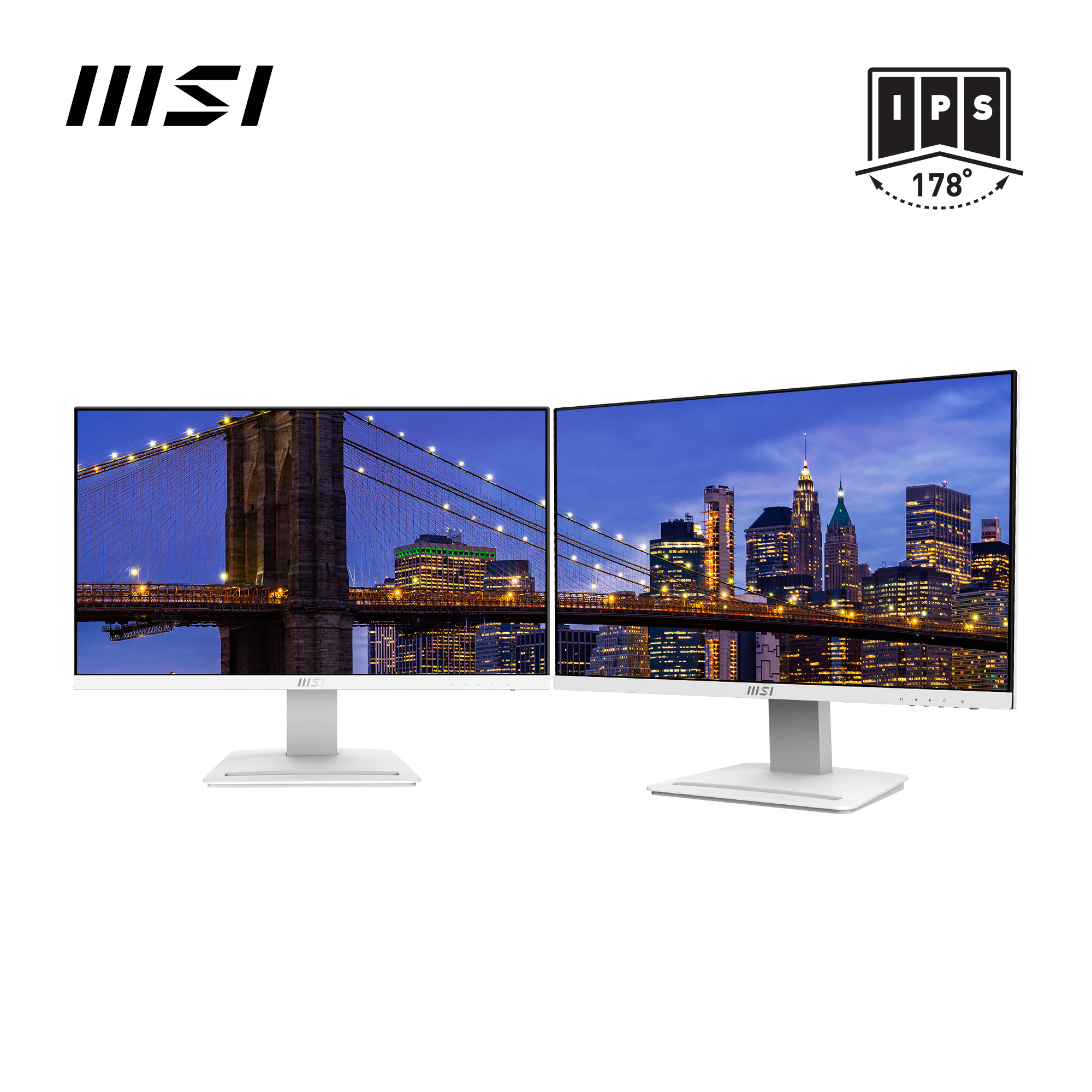 Due monitor MSI bianchi mostrano paesaggi urbani. Uno mostra il ponte di Brooklyn, l'altro uno skyline. Lo sfondo è bianco.