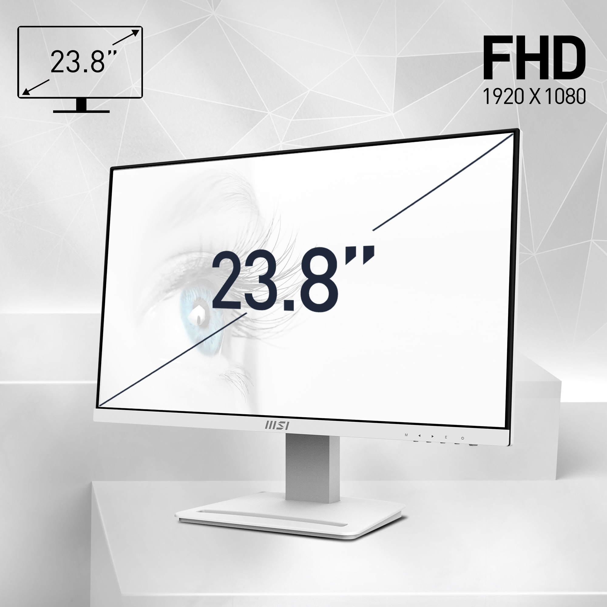 Un monitor per computer bianco con schermo da 23,8", il testo 'FHD 1920 x 1080' è visibile. Lo sfondo è bianco.