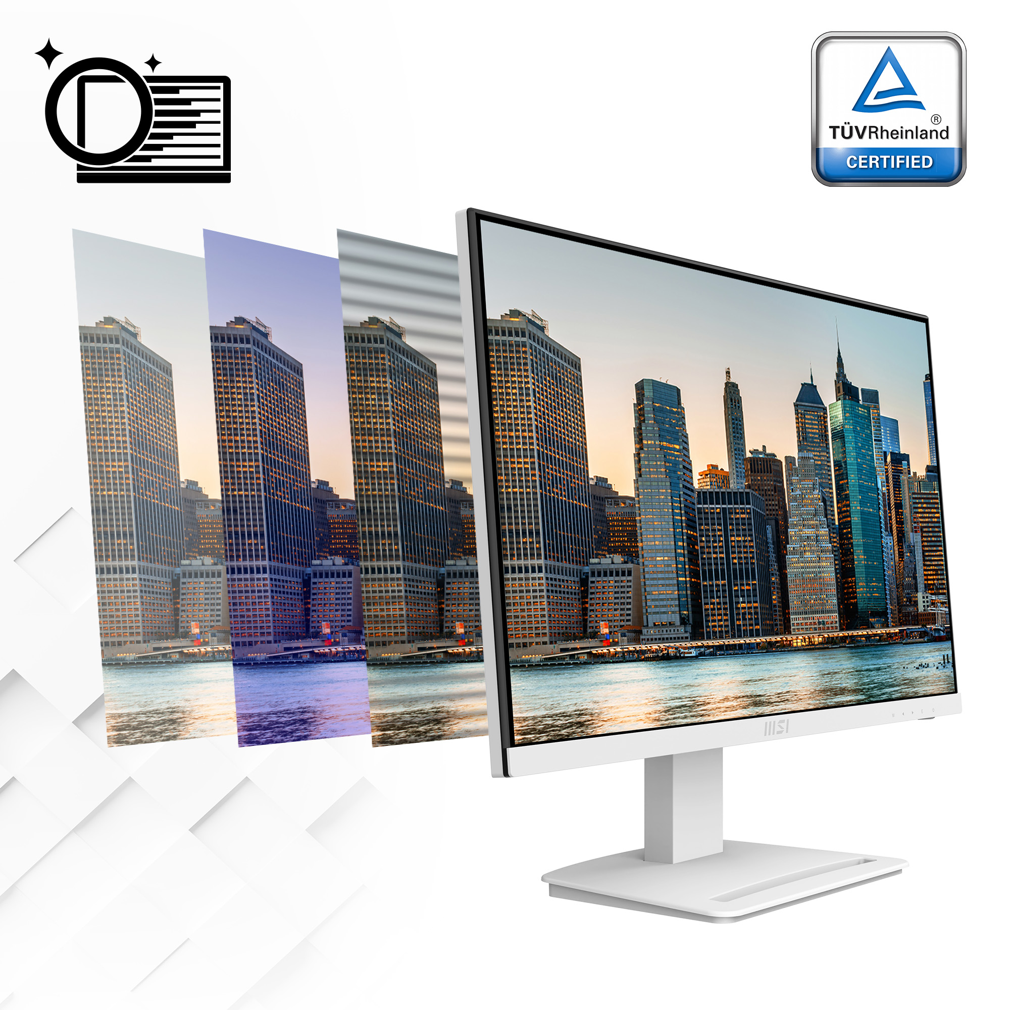 Un monitor per computer bianco mostra uno skyline. Il monitor ha un supporto bianco. Vengono applicati diversi filtri all'immagine.