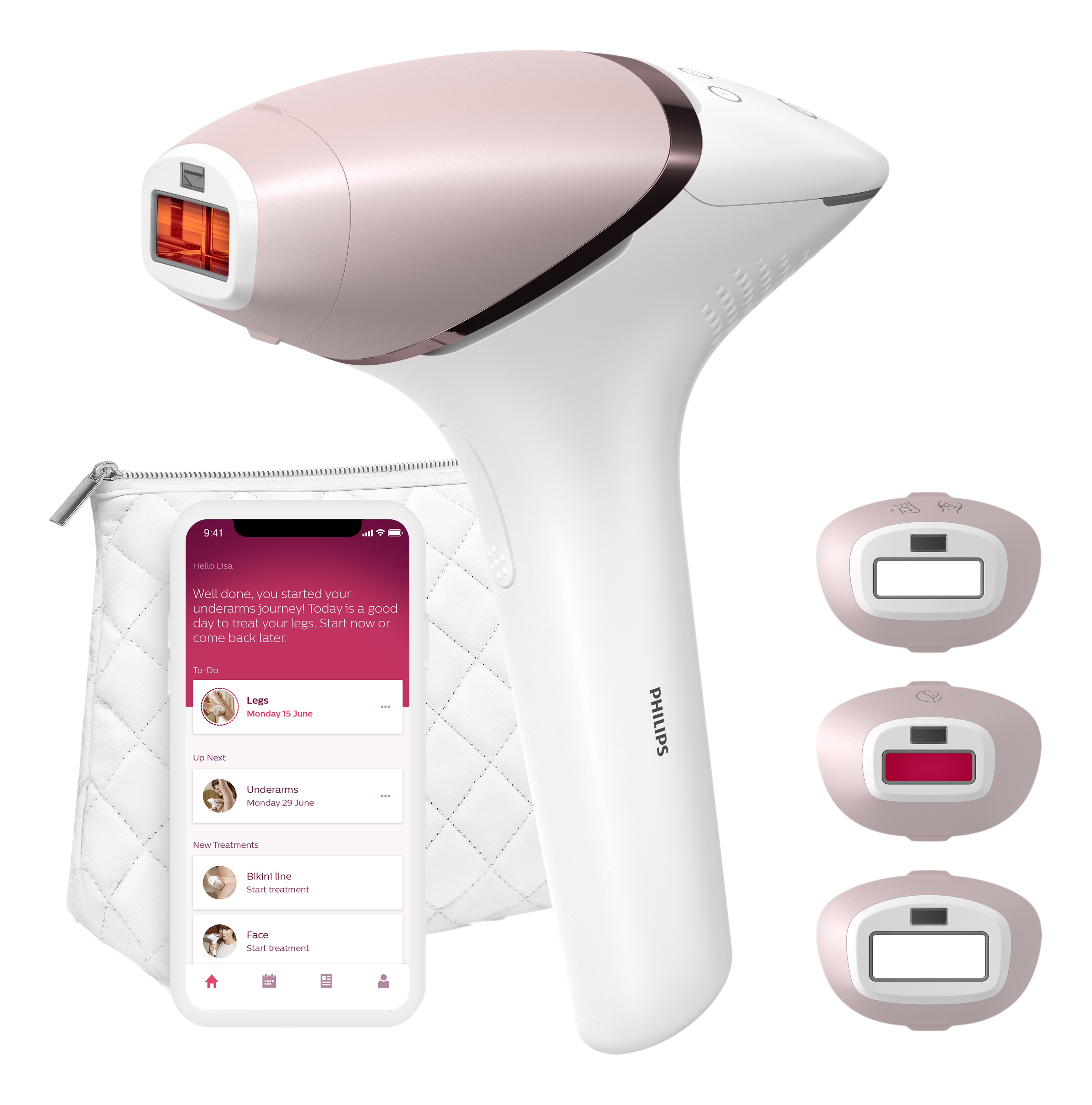 Un épilateur IPL Philips blanc et rose avec un téléphone affichant une application et trois têtes différentes.