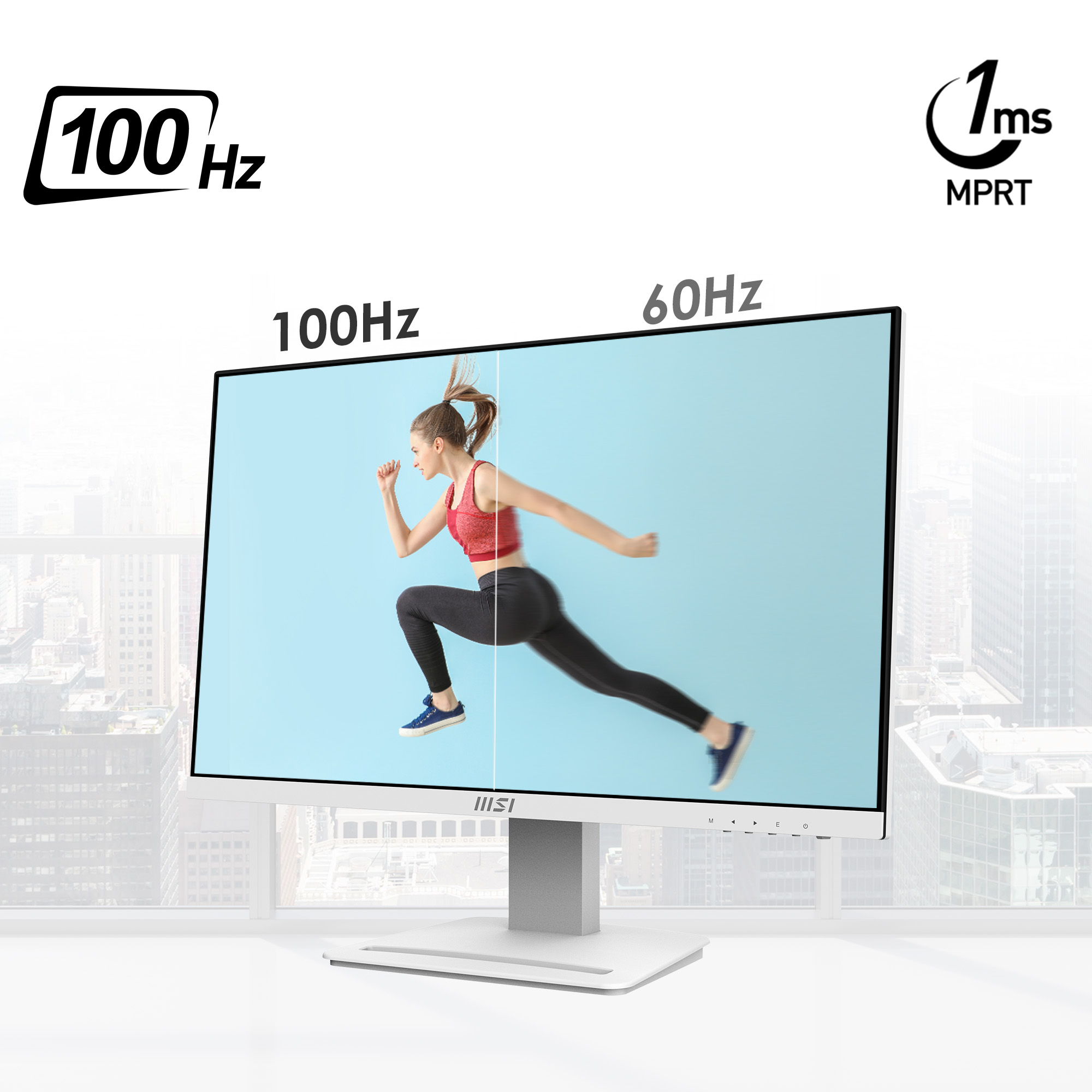 Monitor MSI. Una donna corre sullo schermo. Vengono visualizzati 100 Hz e 1 ms MPRT. Sfondo del paesaggio urbano.