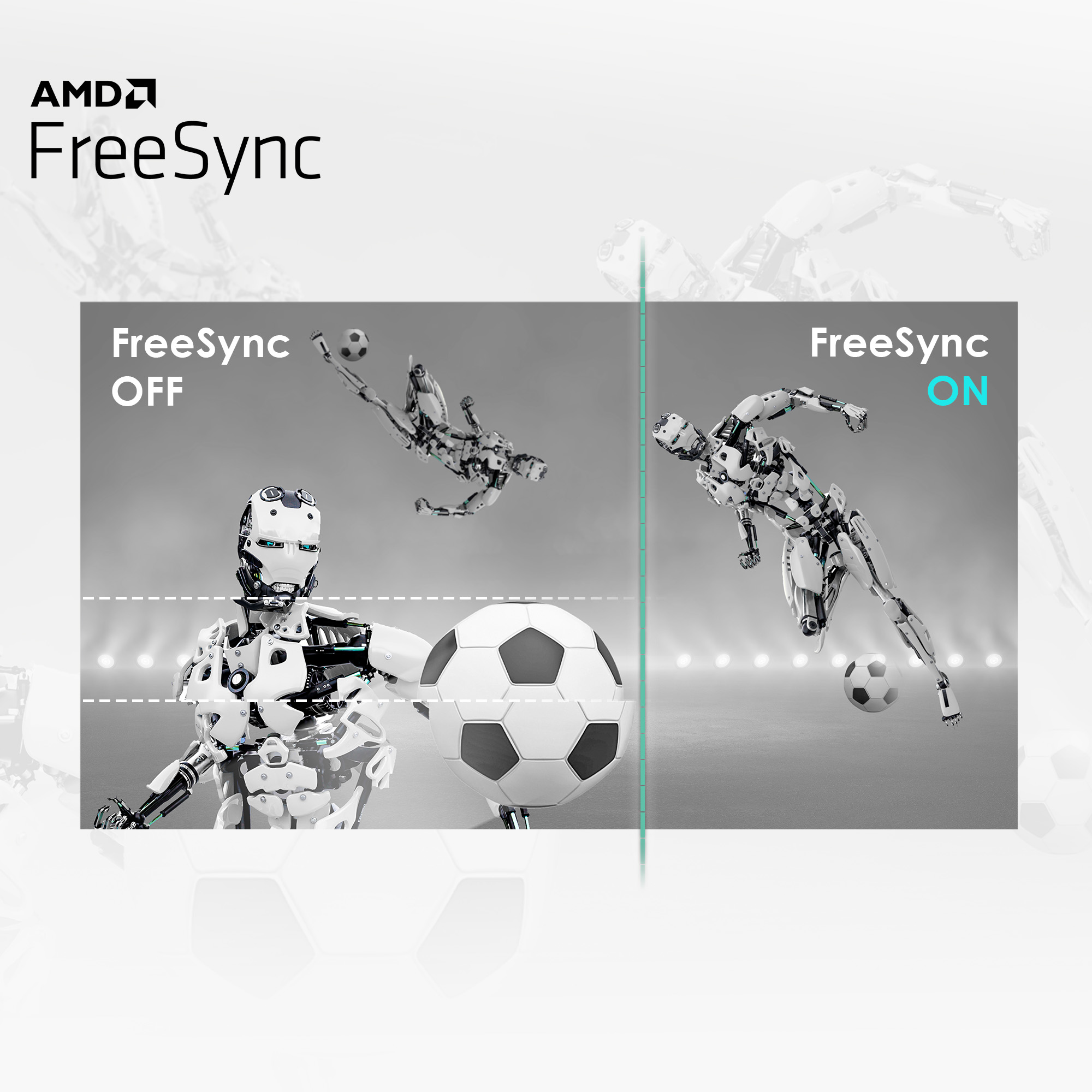 L'immagine mostra una scena di calcio robotica. Lato sinistro: FreeSync OFF, robot che calcia. Lato destro: FreeSync ON, robot che dribbla. Sono presenti palloni.