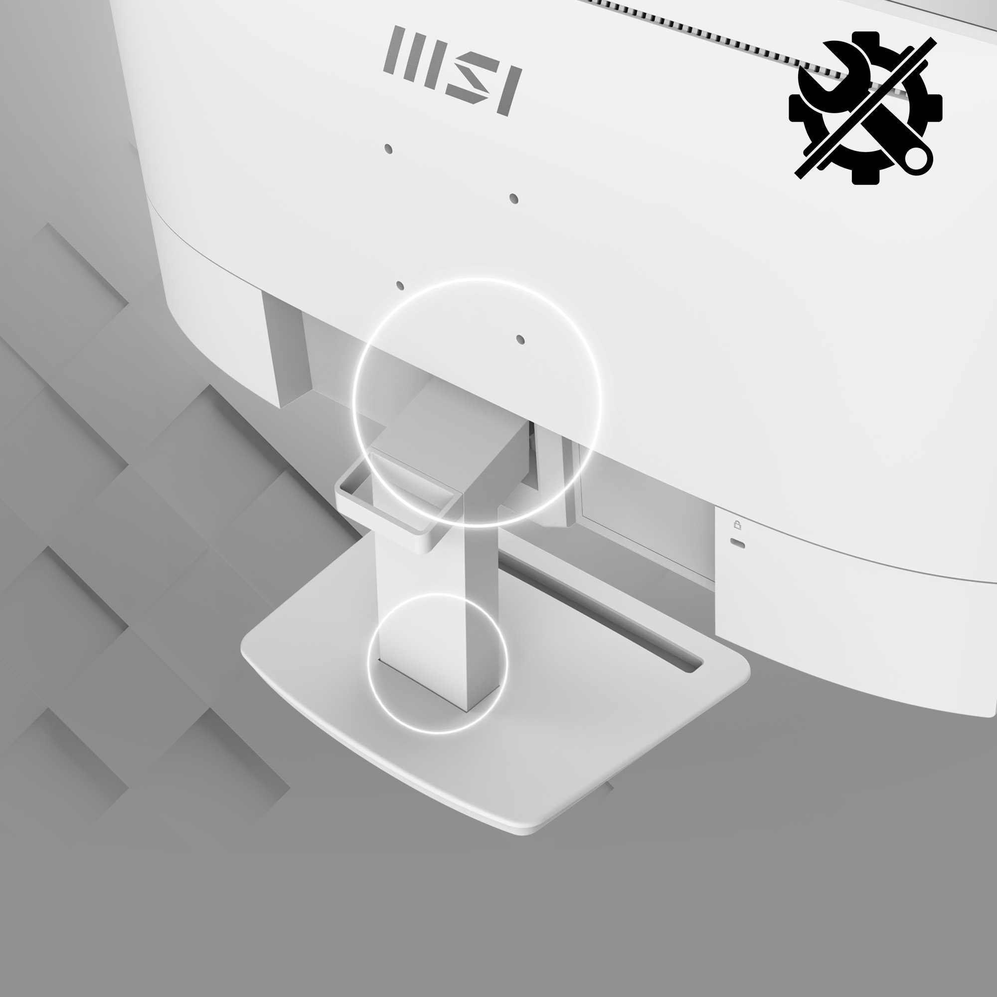 Monitor bianco con supporto. Un'icona nera di ingranaggio e chiave inglese con una linea che li attraversa. Sfondo grigio.