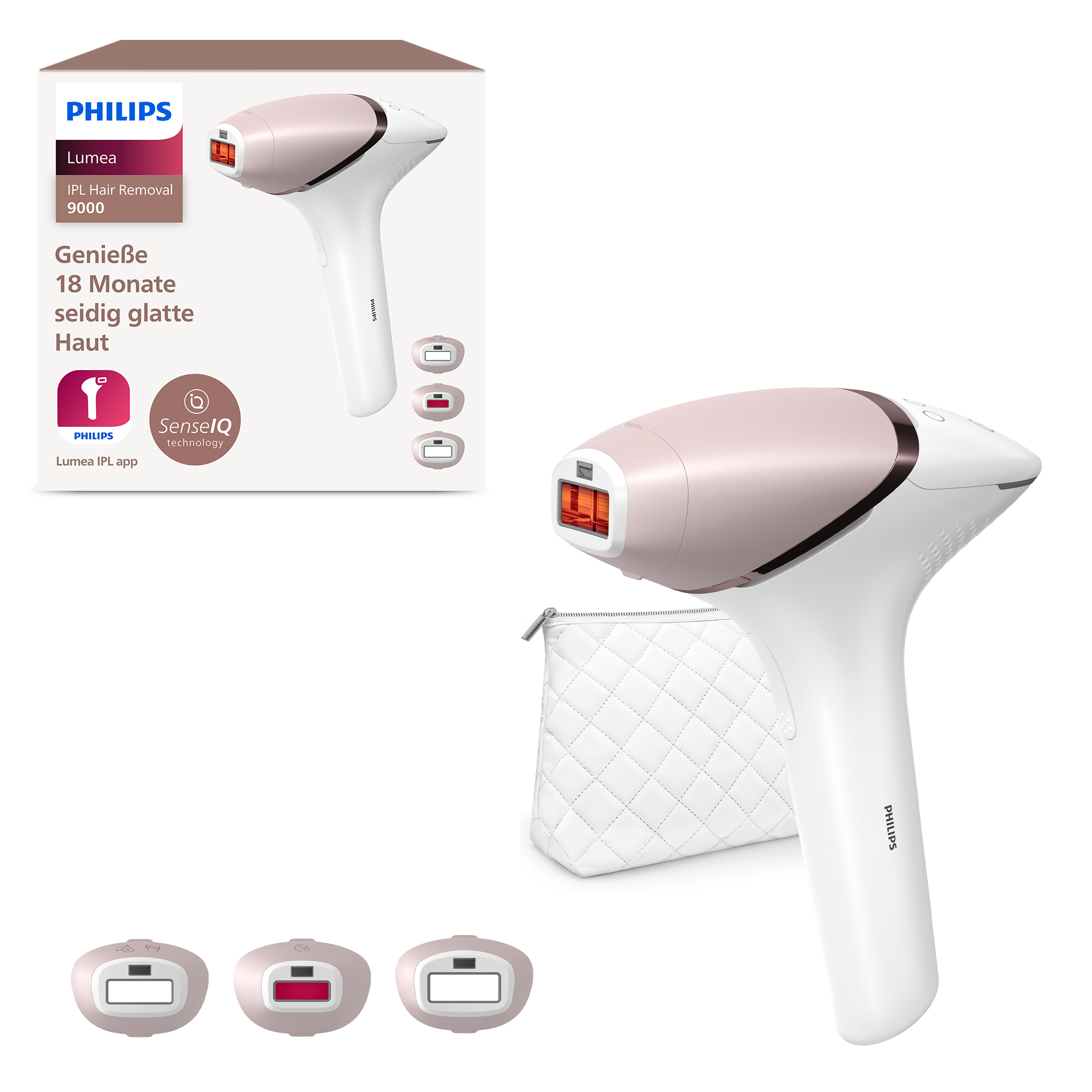 Un appareil d'épilation IPL Philips Lumea avec un design blanc et rose, une pochette blanche et un emballage.