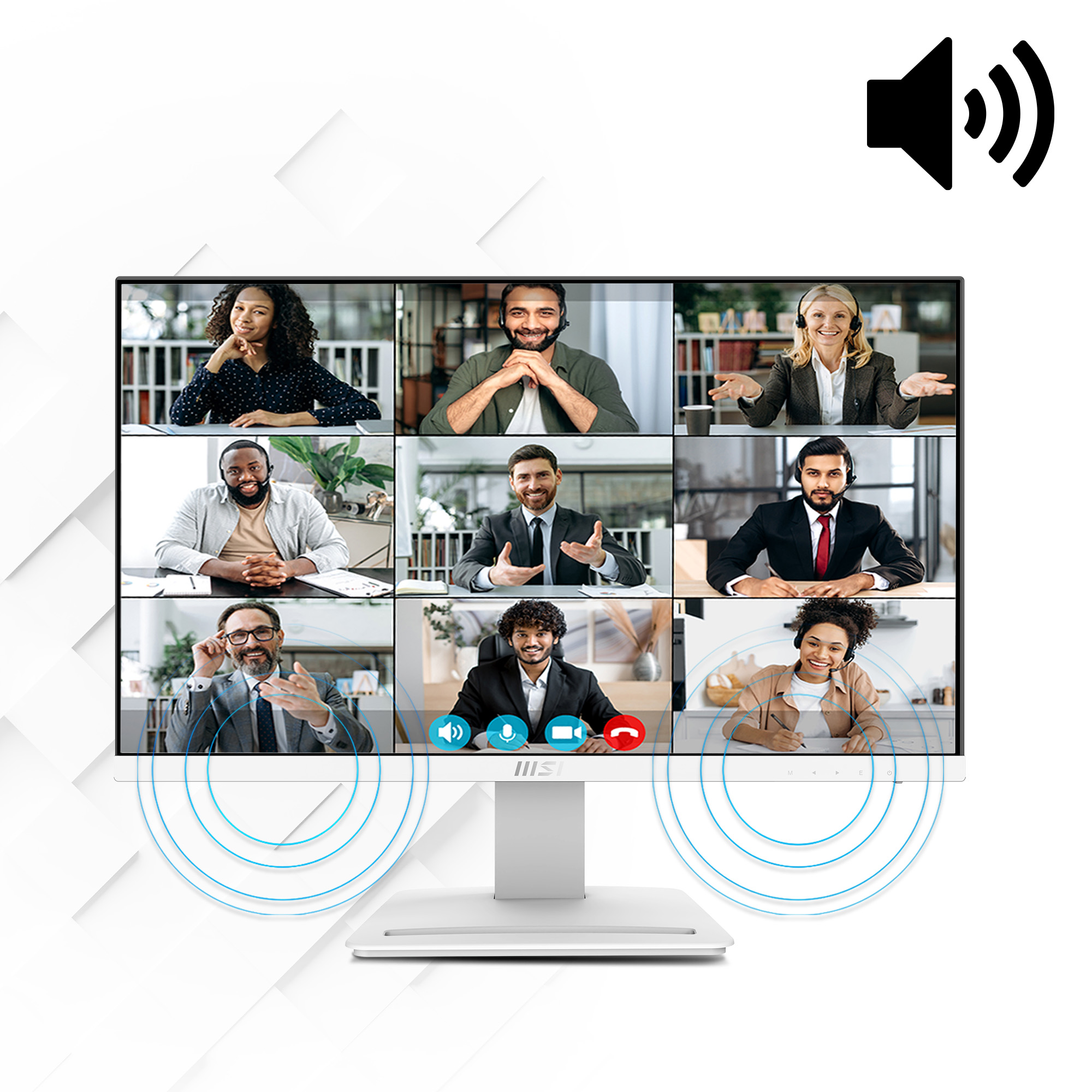 Un monitor mostra una videochiamata con nove partecipanti. Sono visibili anche un'icona dell'altoparlante e onde sonore.