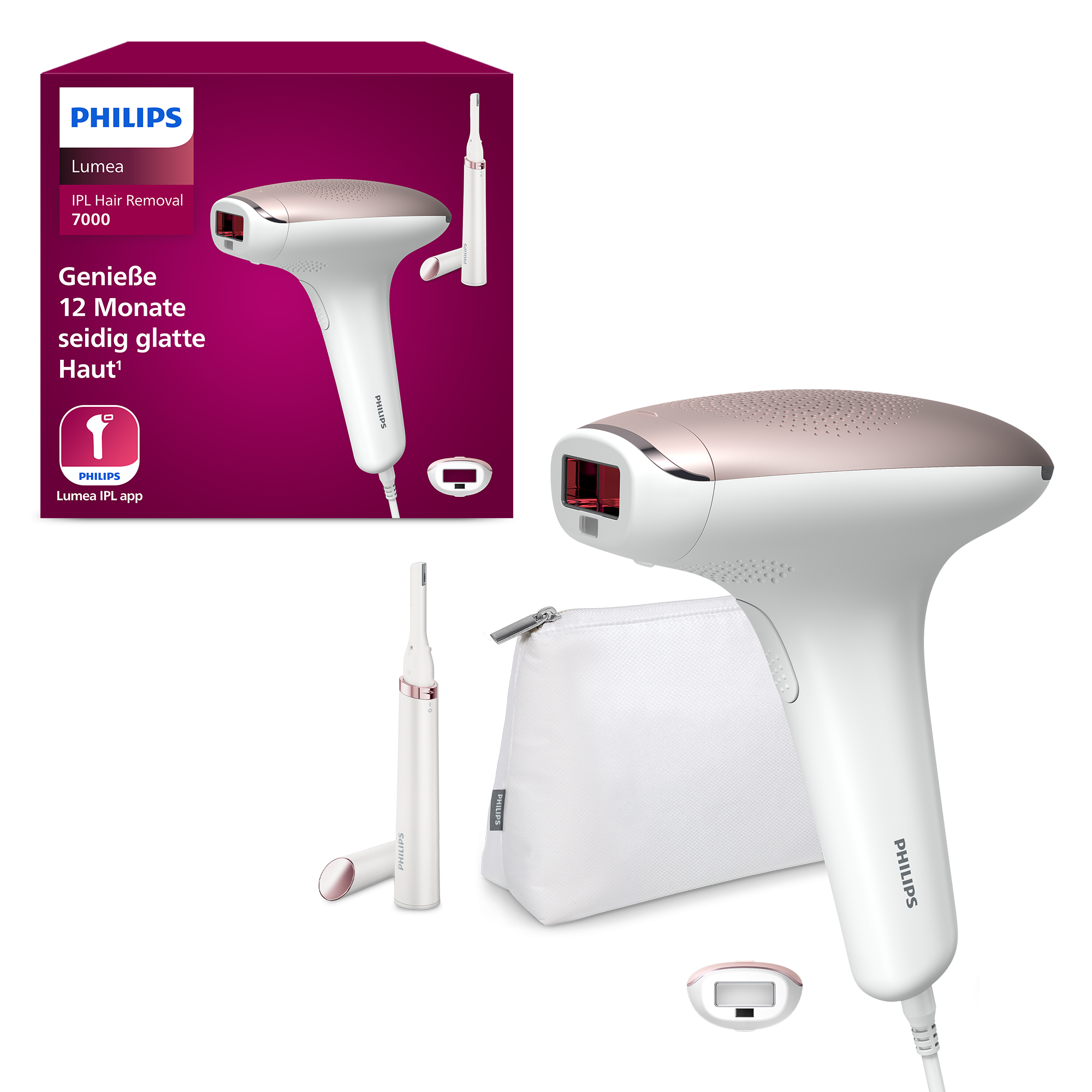 Philips Lumea IPL-Haarentfernungsgerät mit Zubehör in einer Box. Weiß, Roségold und Pink.
