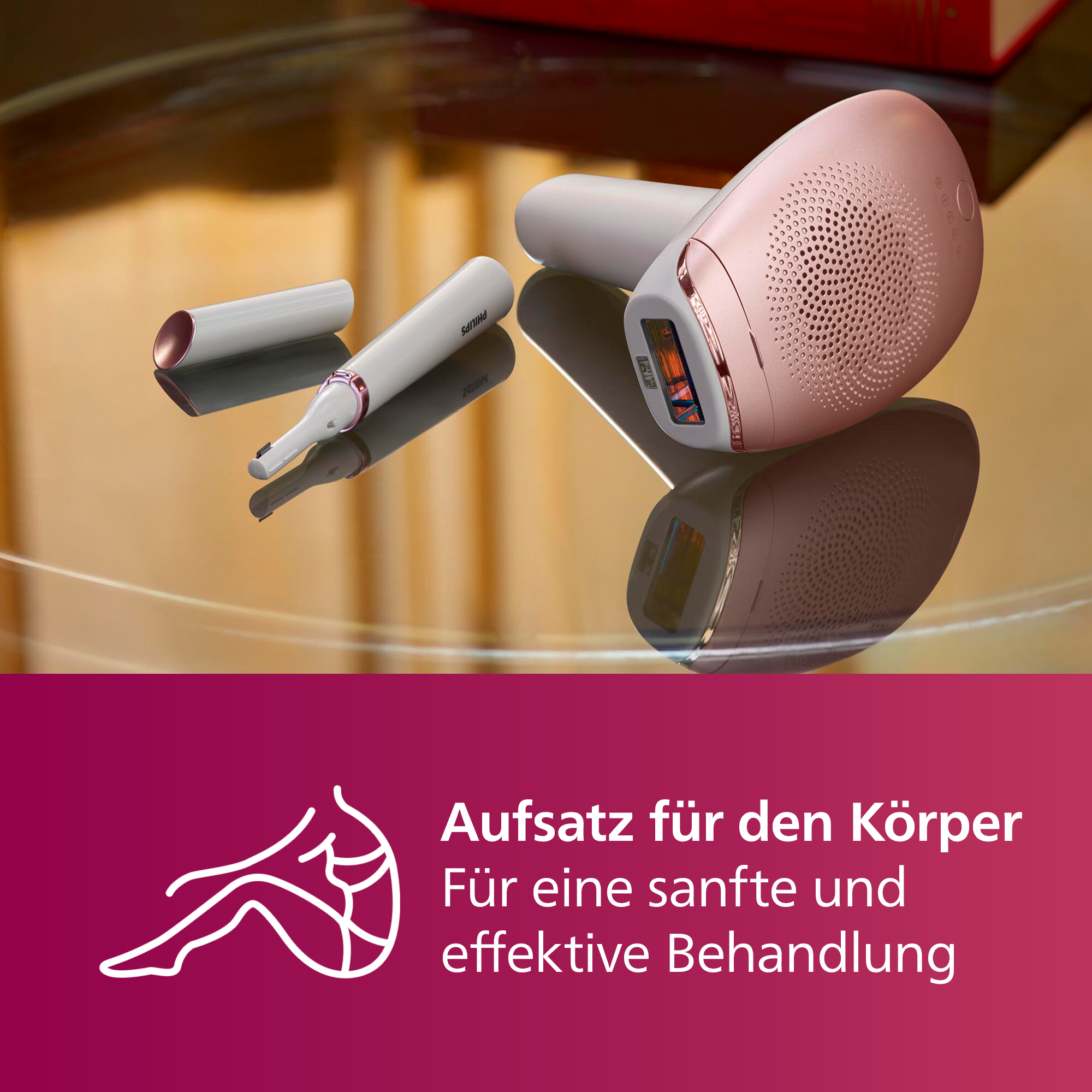 Ein roségoldenes und weißes Philips-Haarentfernungsgerät und Zubehör auf einer reflektierenden Oberfläche mit Banner.