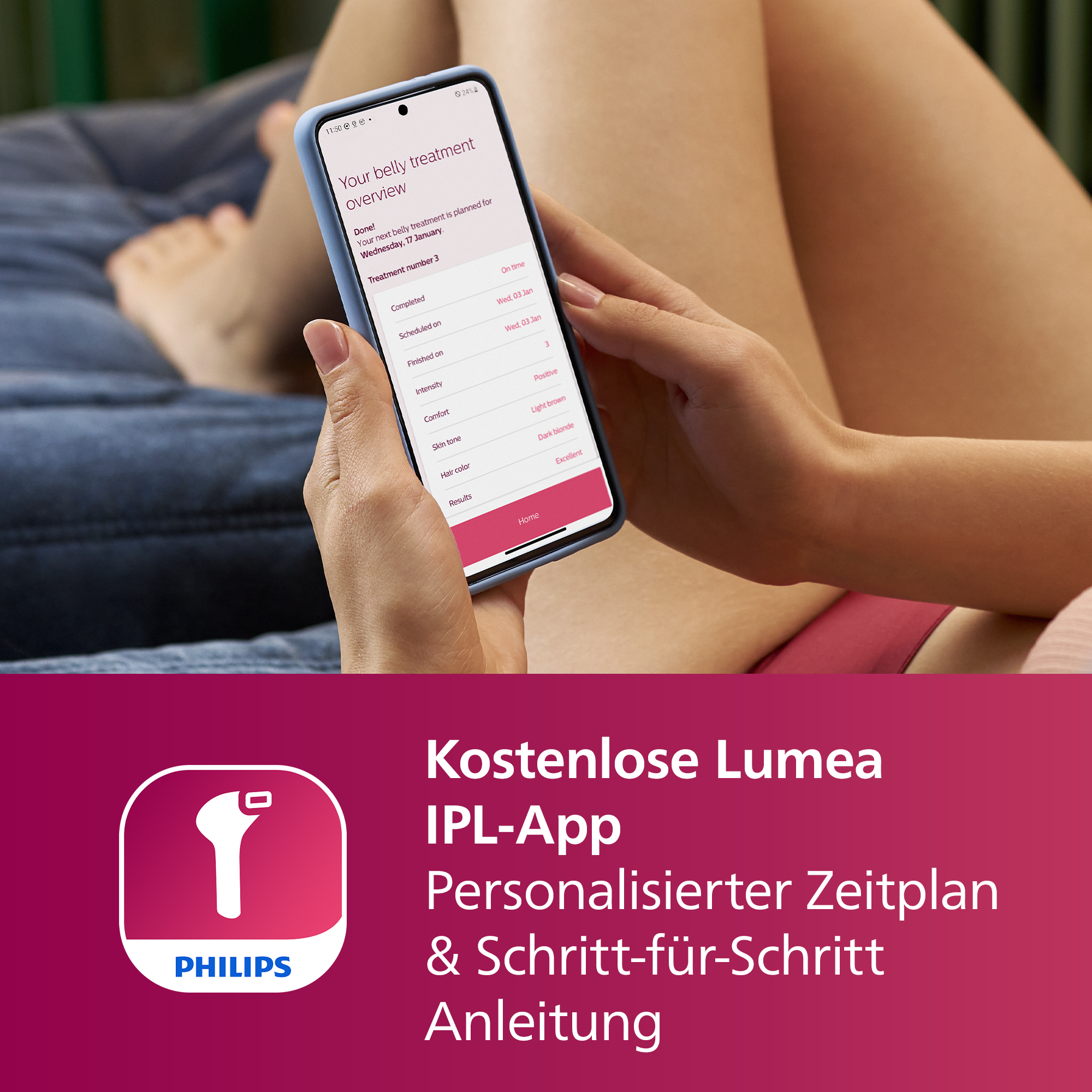 Eine Person, die ein Telefon mit App-Oberfläche hält. Philips-Logo unten. Text: Kostenlose Lumea IPL-App.