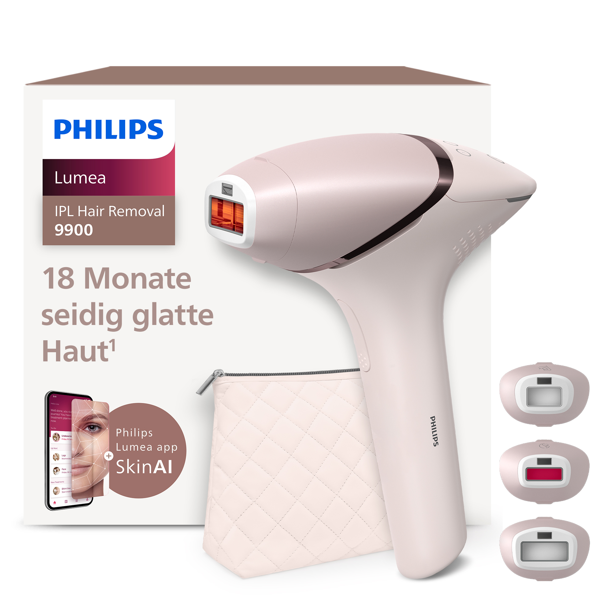 Un appareil d'épilation IPL Philips Lumea, une trousse de maquillage et un téléphone avec l'application Philips Lumea sont affichés.