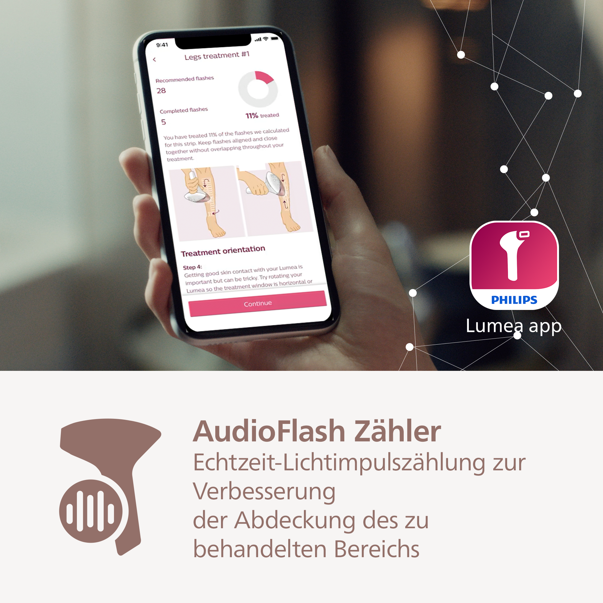 Une main tient un téléphone affichant l'application Philips Lumea. L'écran montre la progression du traitement et des instructions.