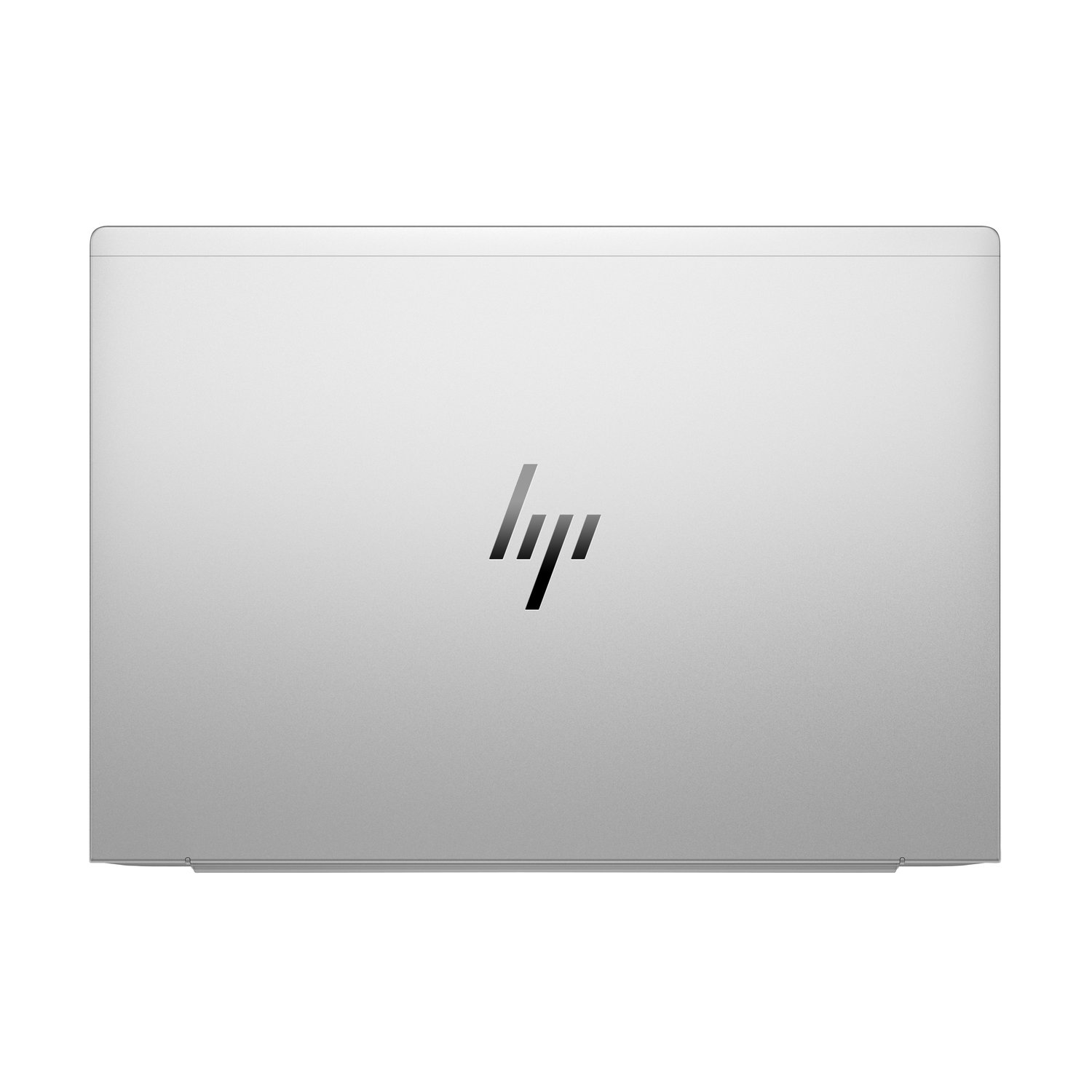 Silver HP laptop lid with black HP logo. The lid is closed and reflects light. The background is white.