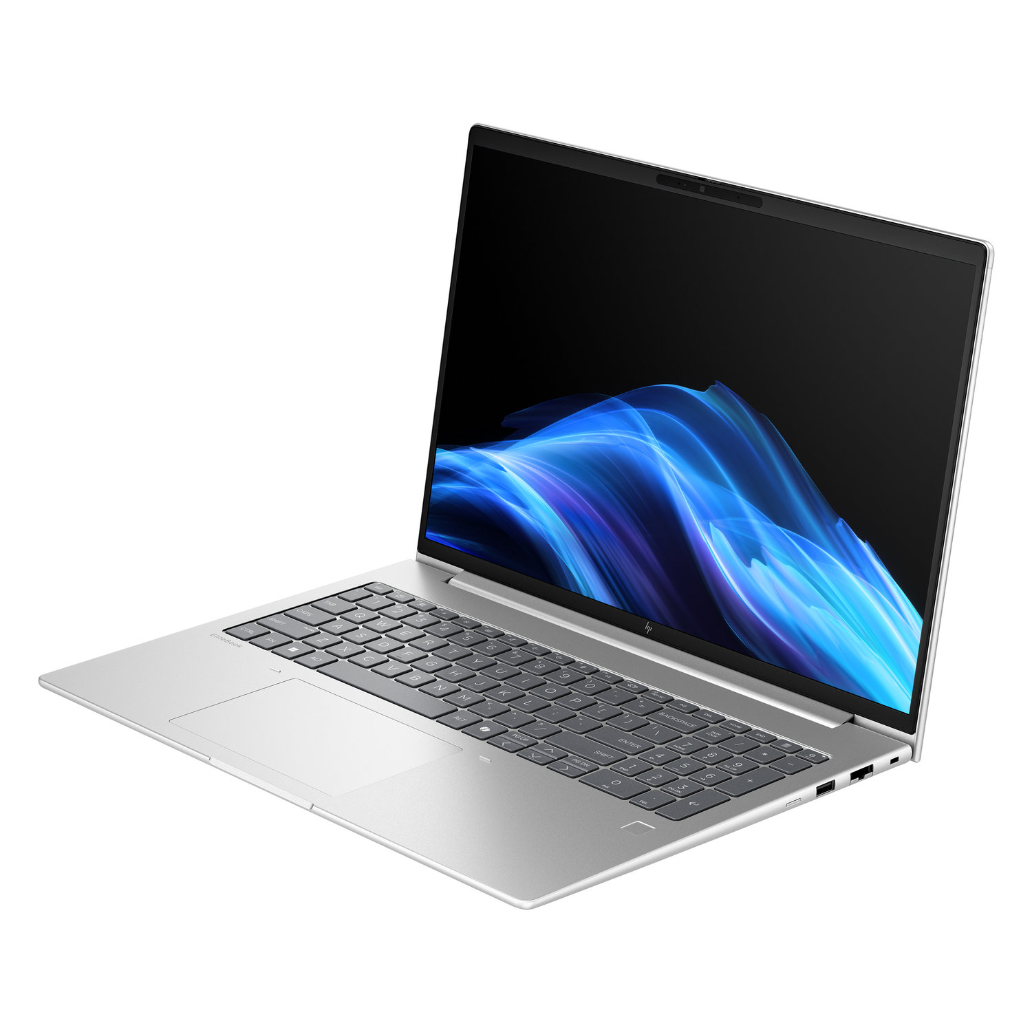 Silver laptop with black keyboard and screen displaying blue abstract art, on a white background. HP logo is visible.