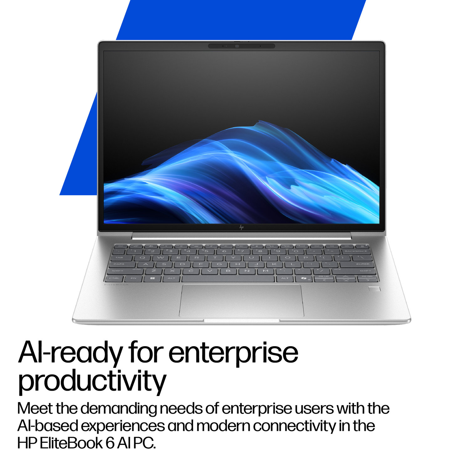 A silver laptop is open, displaying a blue and black abstract image. The keyboard is visible. Text below reads: AI-ready for enterprise productivity.