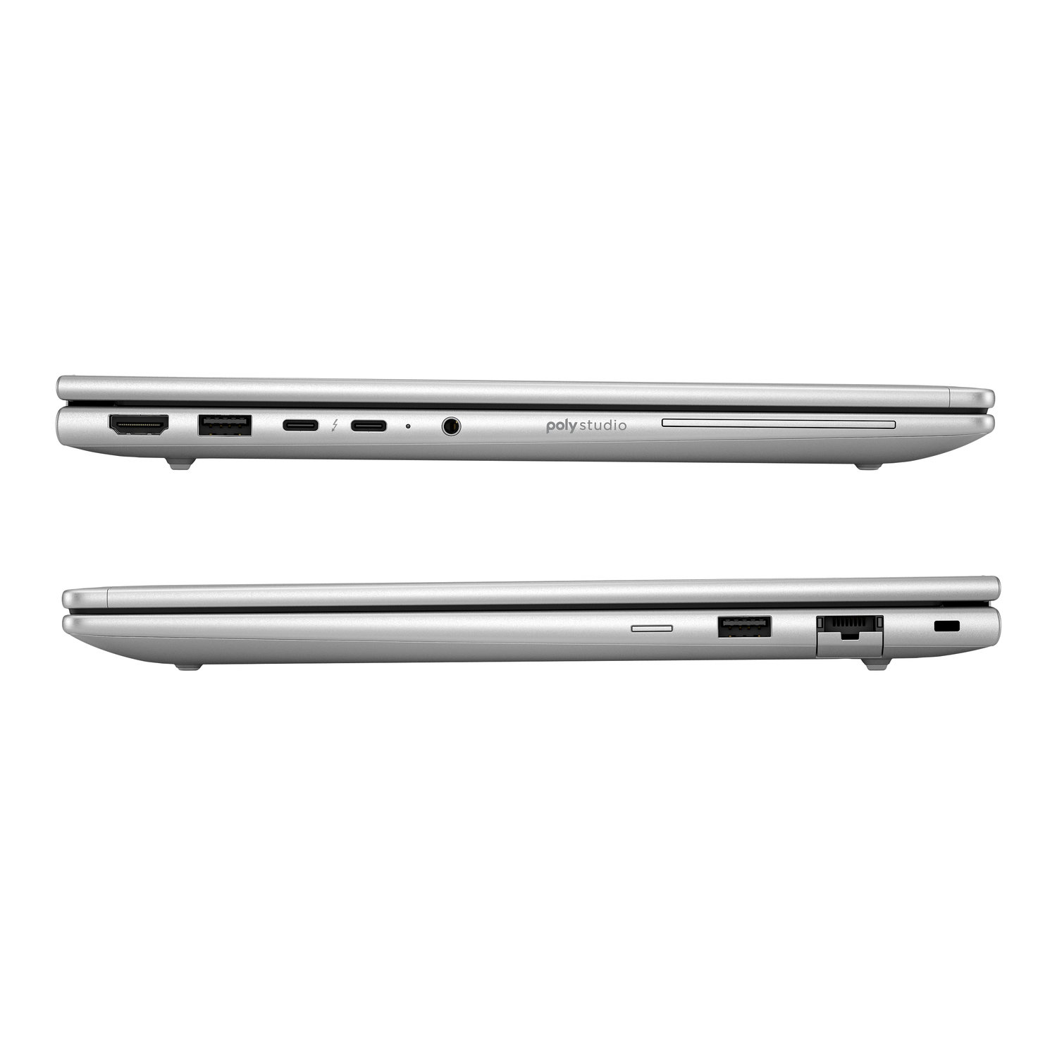 Twee zilveren laptops worden van de zijkant getoond. De bovenste heeft poorten zoals HDMI en USB. De onderste heeft poorten en een ventilatie.