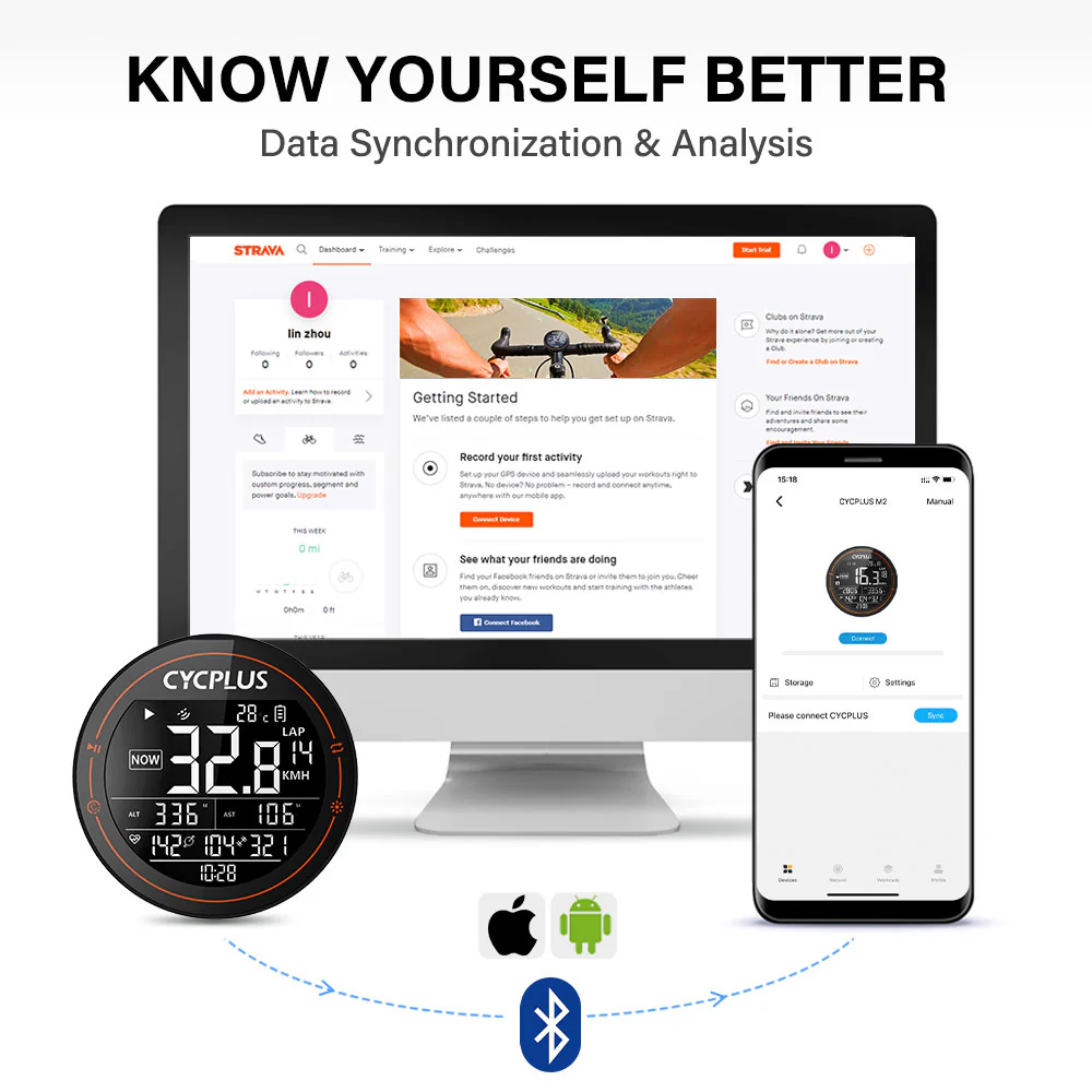 A kép Strava alkalmazást mutat monitoron és telefonon, valamint egy CYCPLUS eszközt. Adatszinkronizálást és elemzést jelenít meg.
