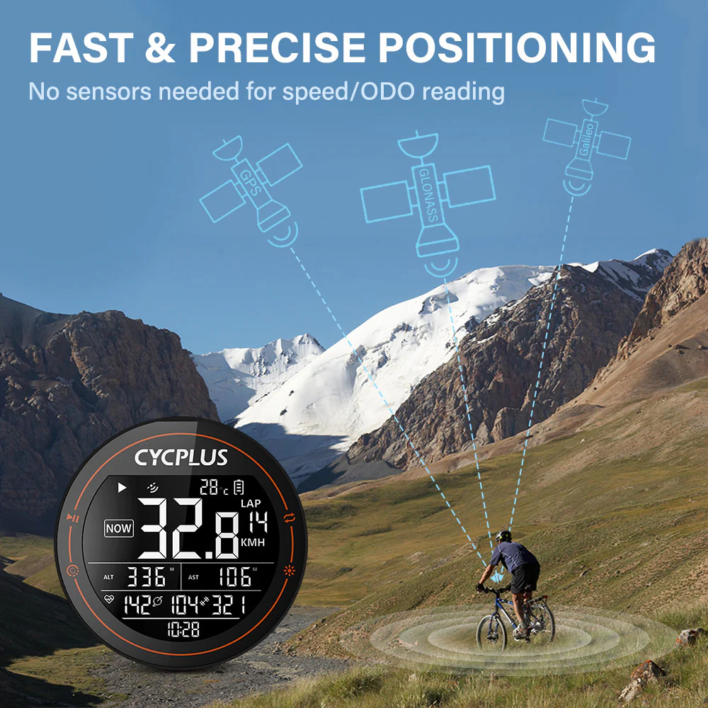 Egy kerékpáros hegyvidéki tájon kerékpározik. Egy GPS-eszköz mutatja a sebességet. Műholdak és a "FAST & PRECISE POSITIONING" felirat is látható.