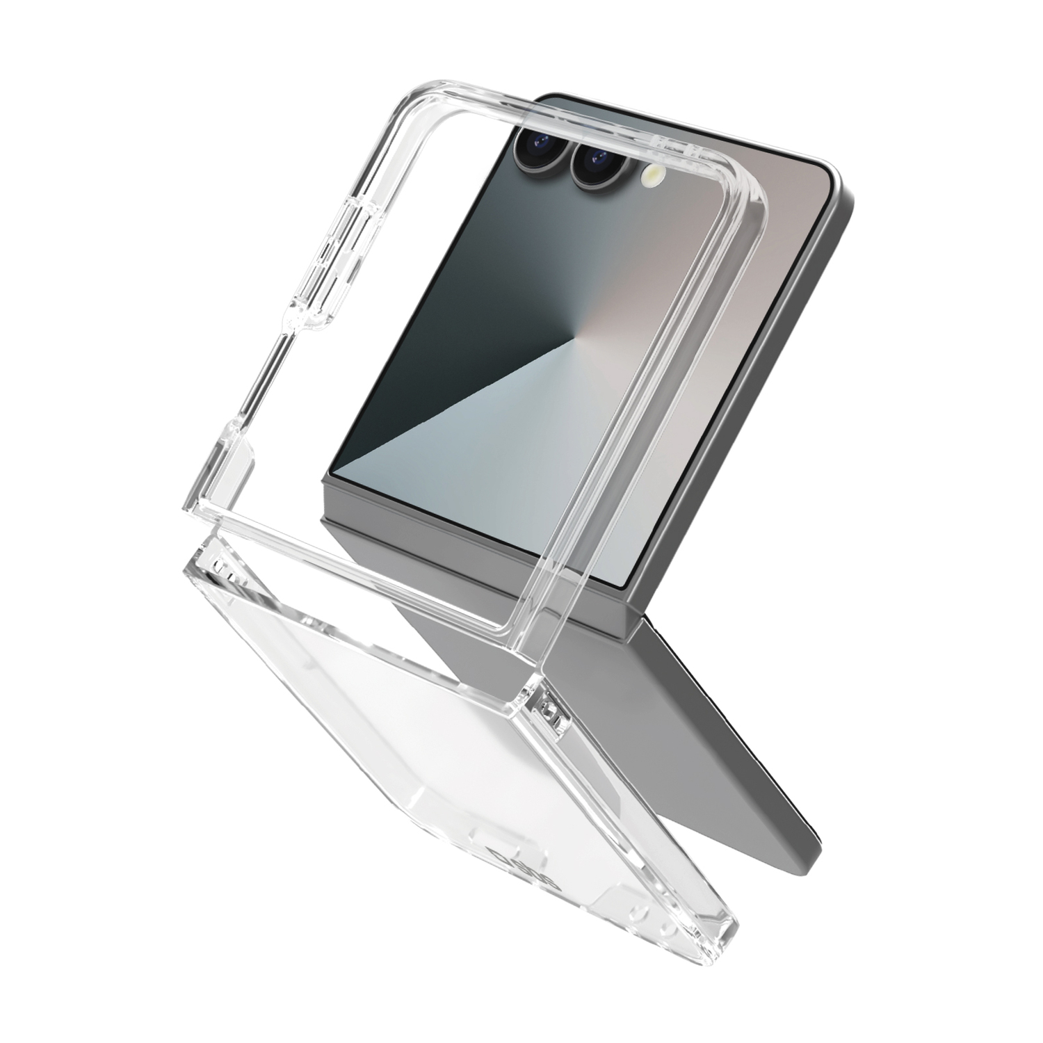 Eine transparente Handyhülle bedeckt teilweise ein silbernes Telefon. Das Telefon hat zwei Kameraobjektive. Die Szene spielt vor weißem Hintergrund.