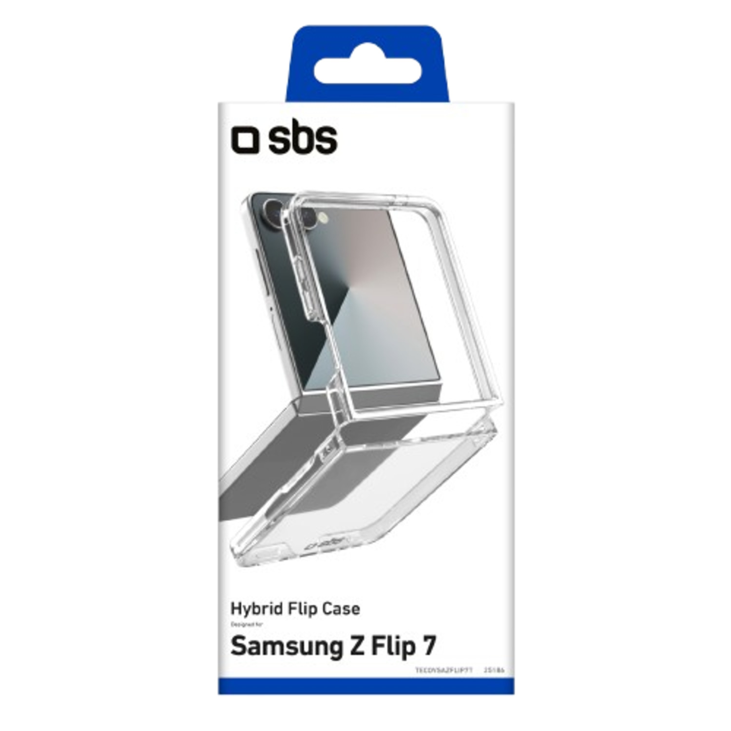 A phone case box. It displays a clear case on a Samsung Z Flip 7. The box is white with blue handle.