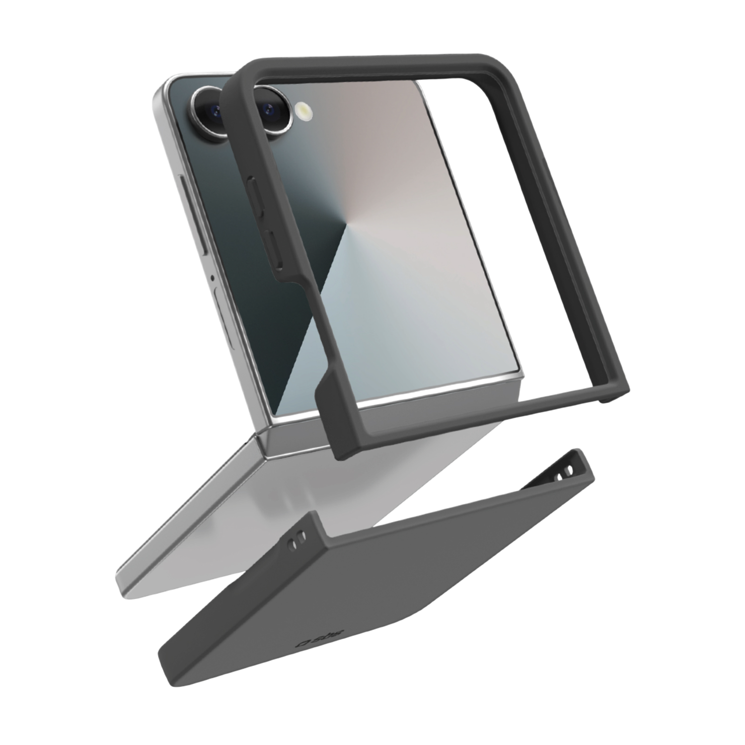 Een gedeeltelijk geopende zilveren smartphone met een grijze beschermhoes. De hoes is losgekoppeld en toont de camera's en het scherm van de telefoon.