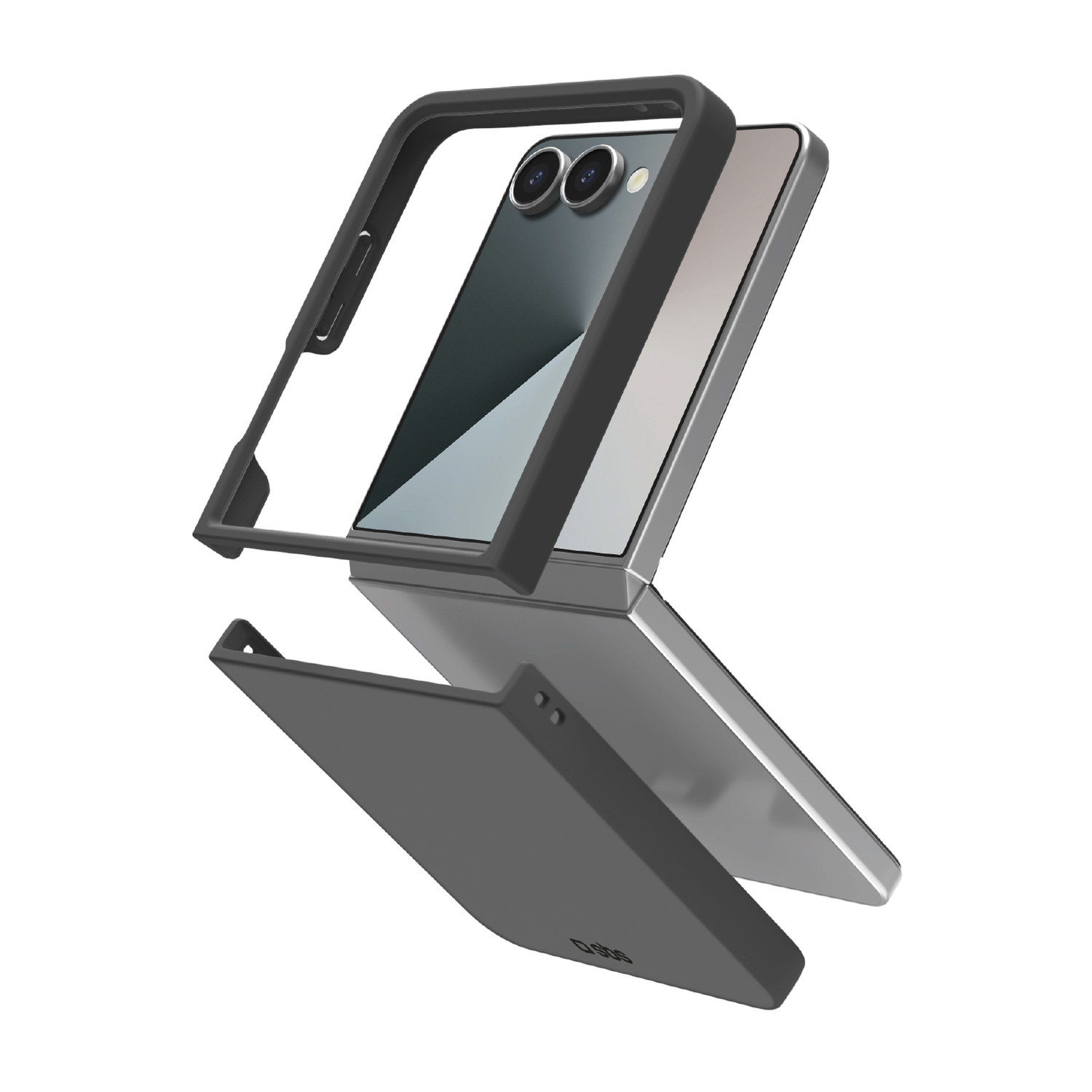 Een telefoonhoesje in meerdere delen wordt getoond. Het zwarte frame en de achterkant zijn gescheiden van de zilveren telefoon. De lenzen zijn zichtbaar.