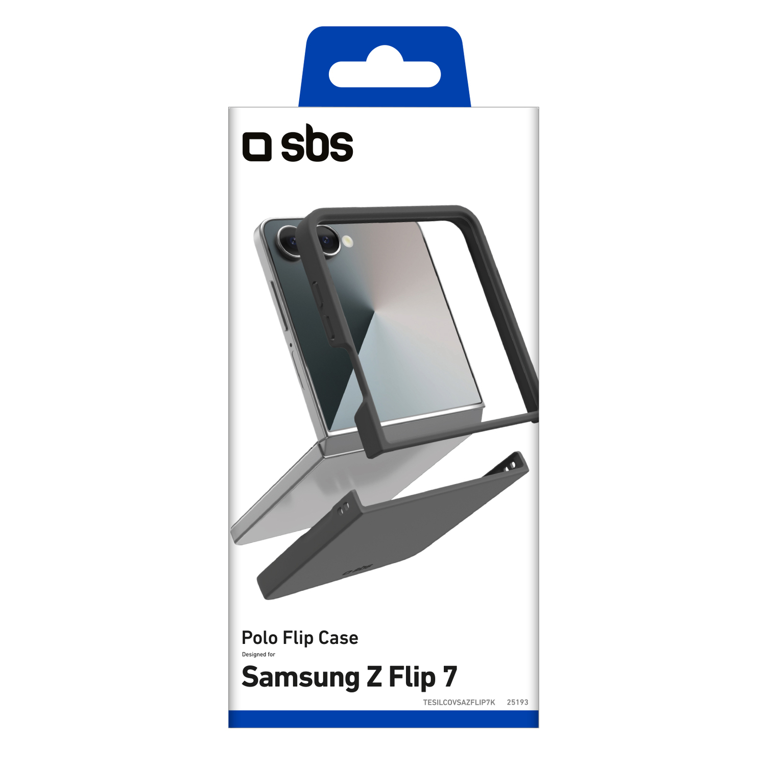 Een witte doos met een zwarte telefoonhoes voor Samsung Z Flip 7. De doos heeft het 'sbs' logo en de woorden 'Polo Flip Case' en het telefoonmodel.