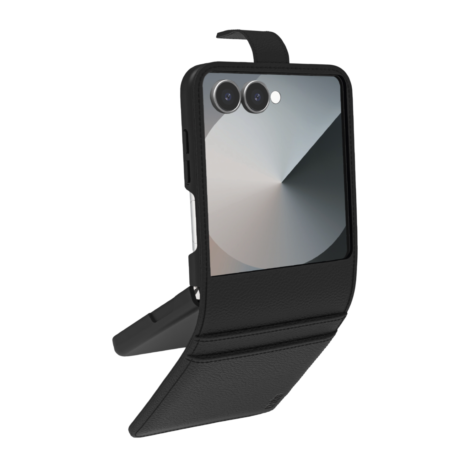 Zwarte flipcase met een lederen textuur. De telefoon is gedeeltelijk open en toont het scherm en de cameralenzen.
