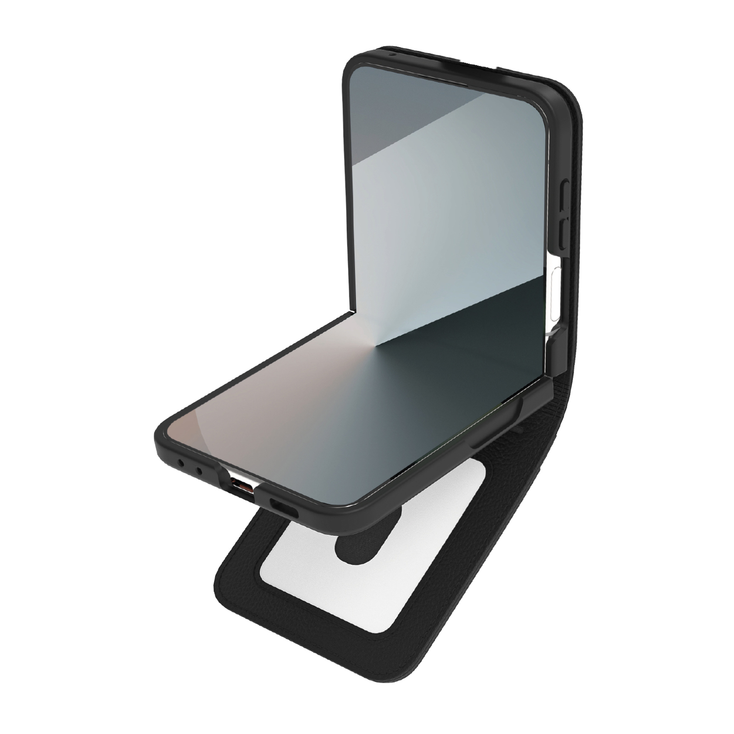 Een zwarte telefoonhoes wordt open getoond, met een telefoon erin. De hoes is open, met een deel dat de telefoon ondersteunt.