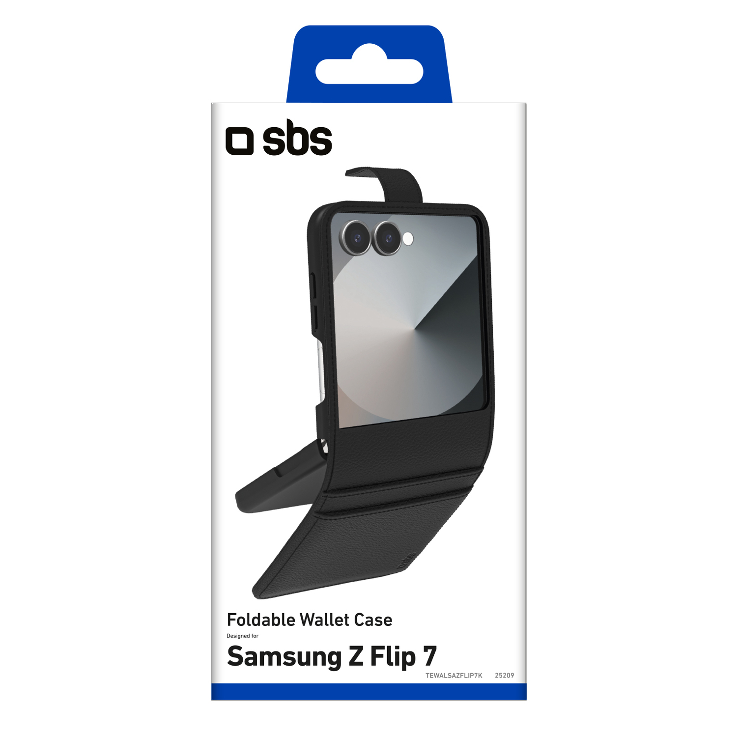 Zwarte opvouwbare portemonnee-hoes voor Samsung Z Flip 7. De hoes is open, scherm zichtbaar. Verpakking met logo en productdetails.